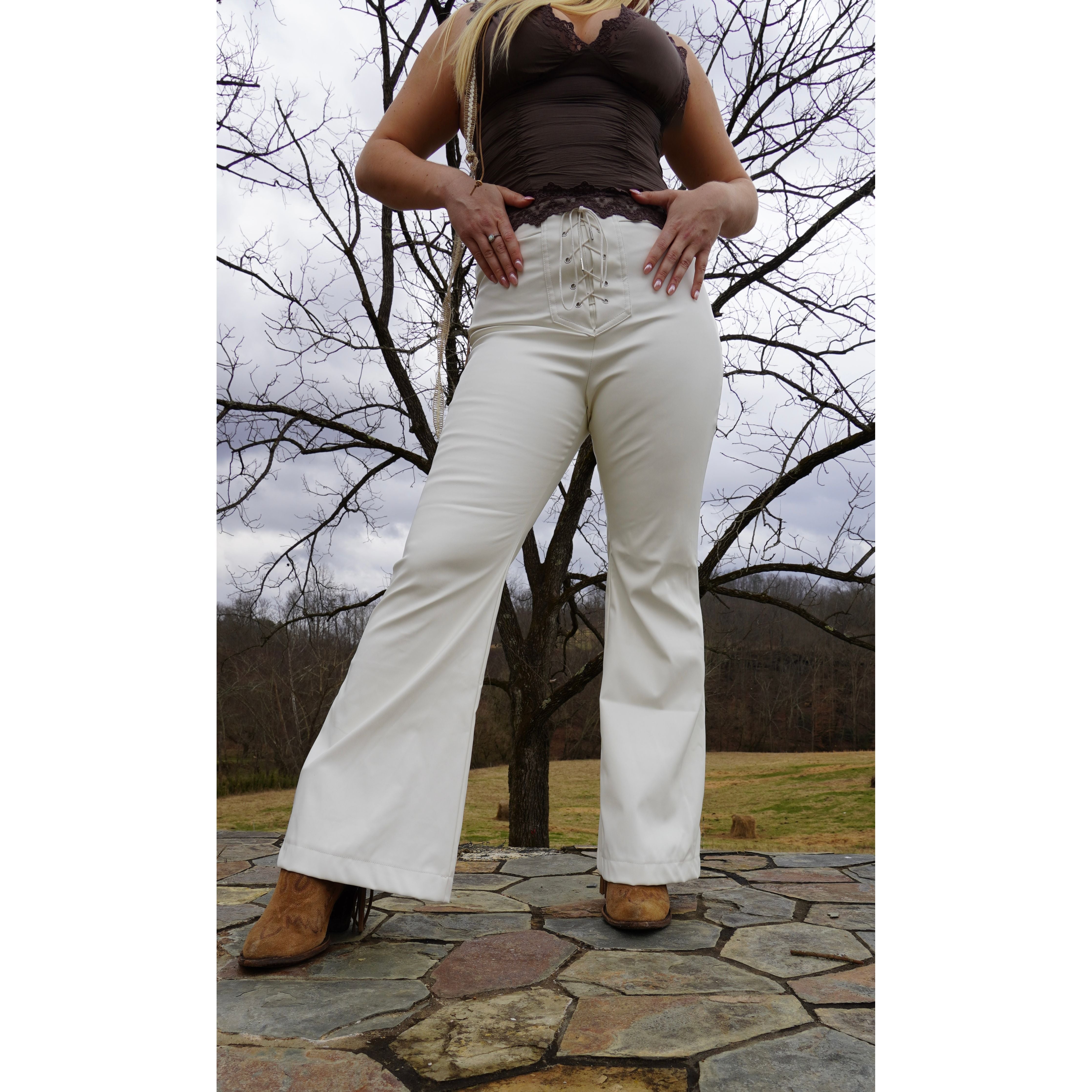 White Leather Lace Up Flare Pants