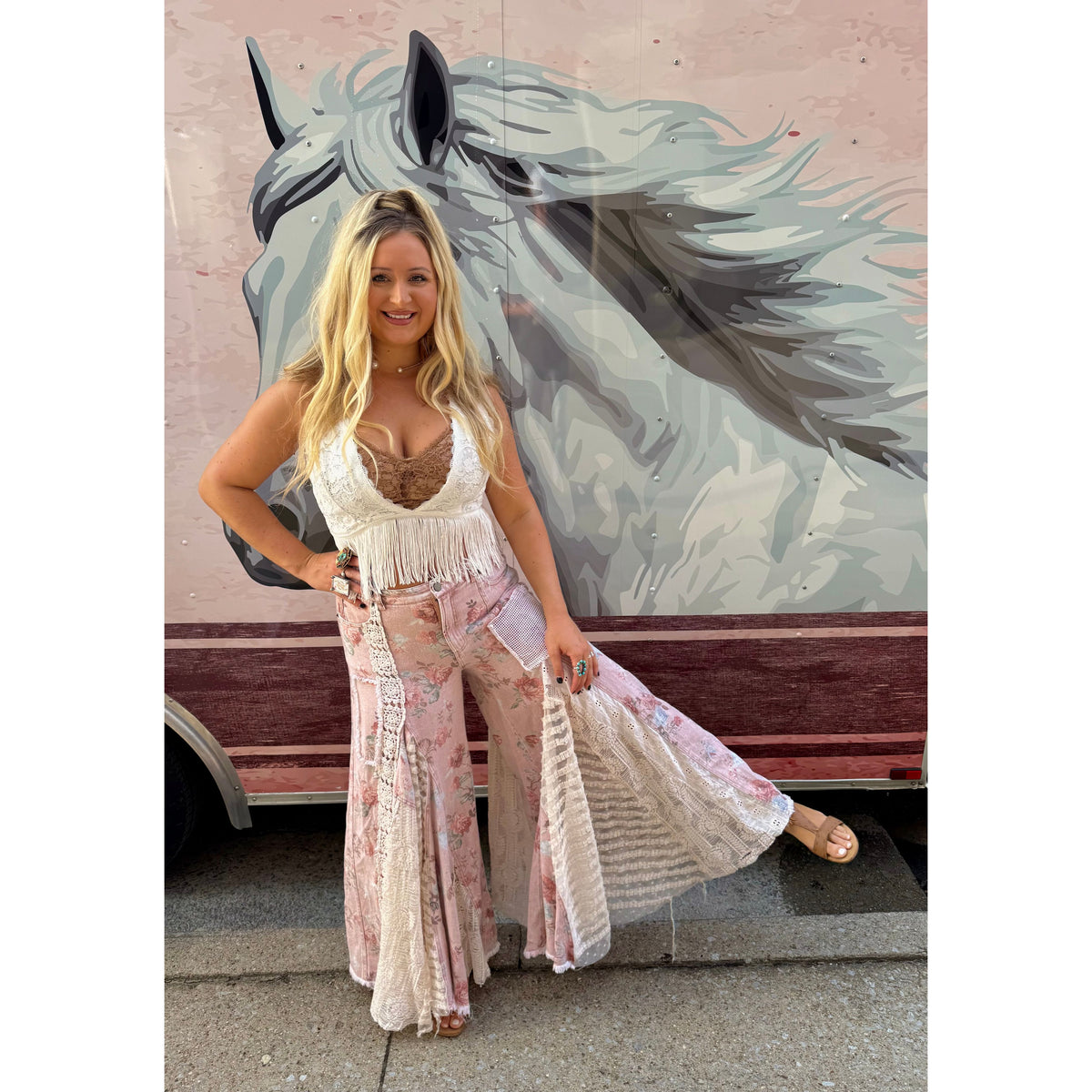 Blush Floral Crochet Lace Bell Bottoms