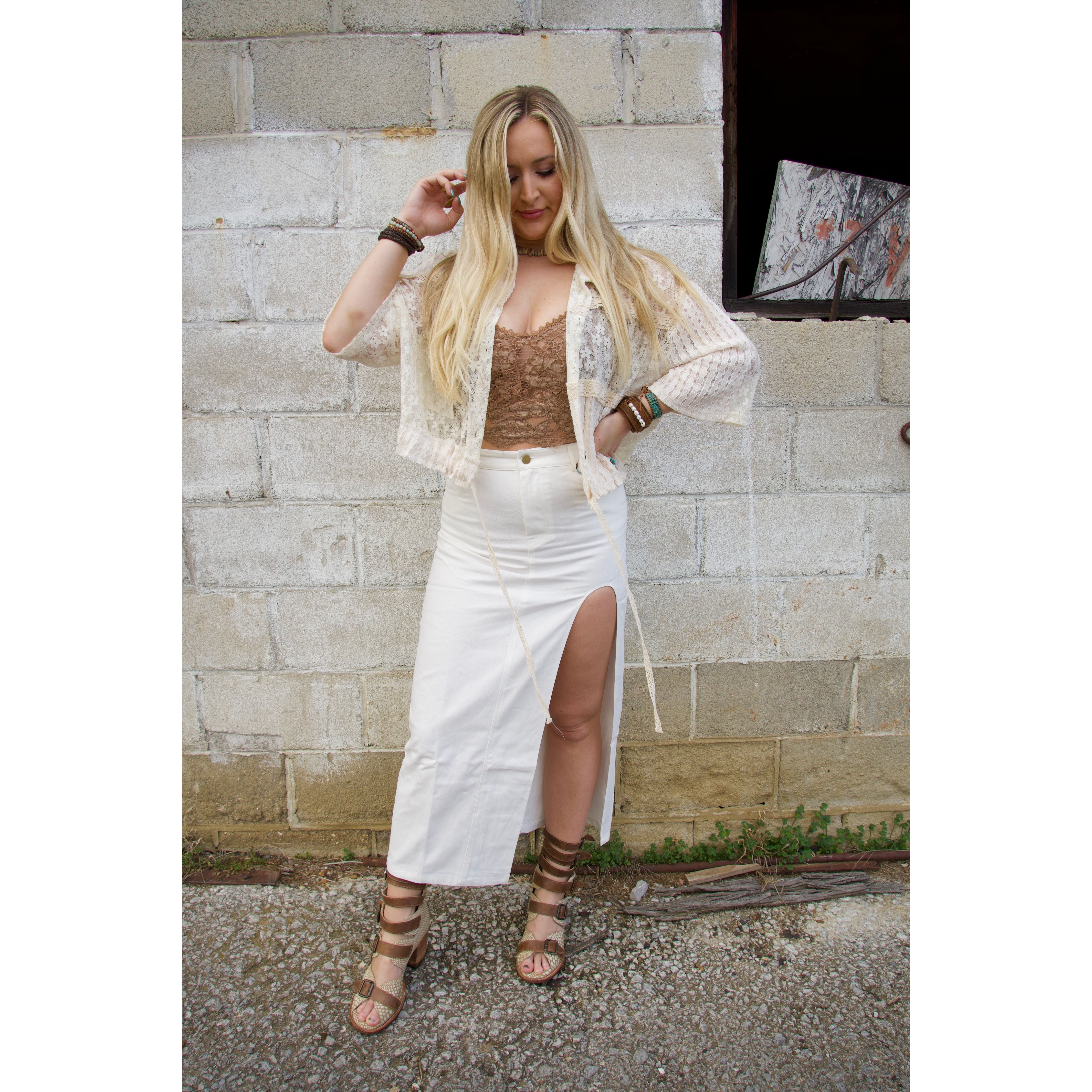 White Denim Skirt with Slit