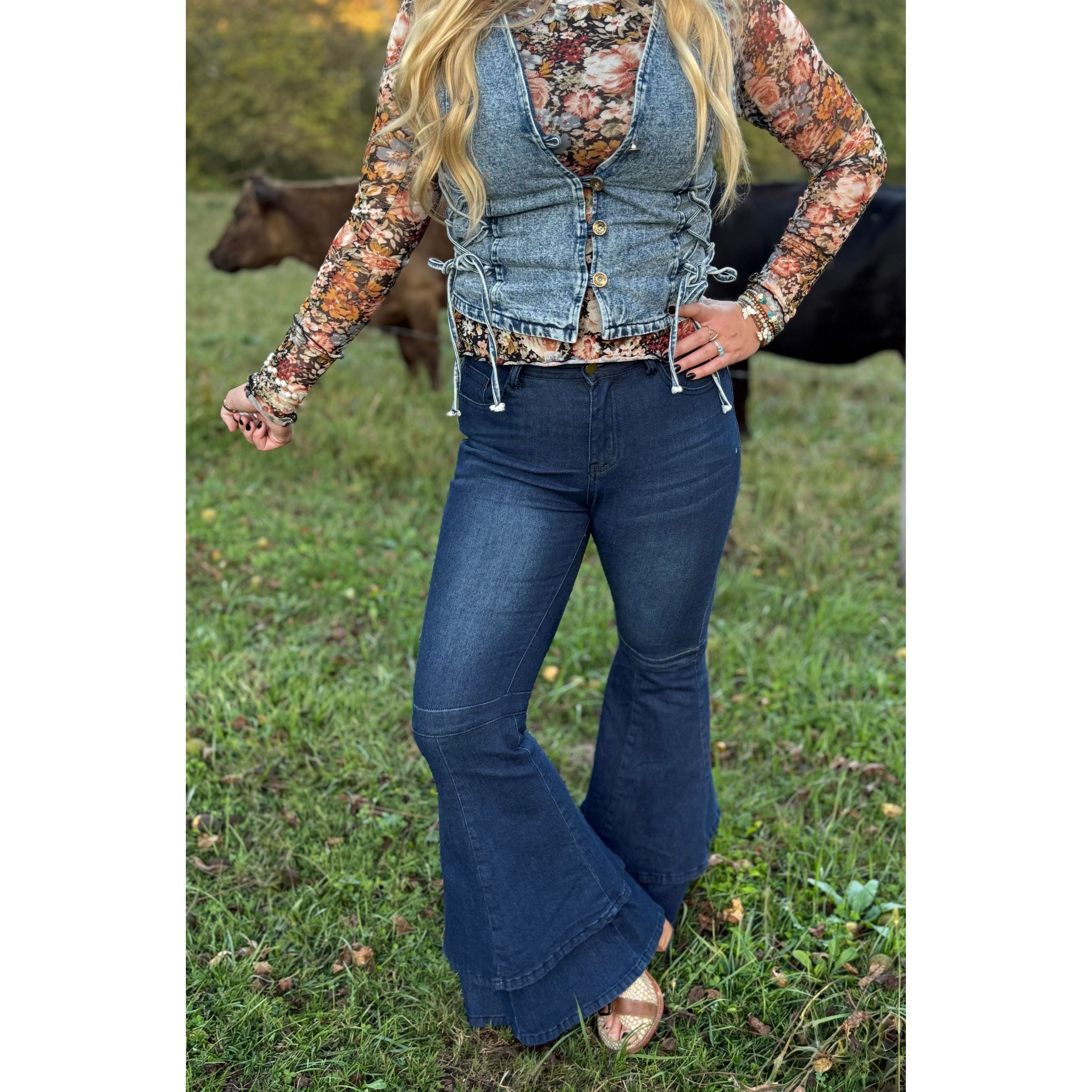 Jenny Layered Ruffle Flare Jeans Dark Wash