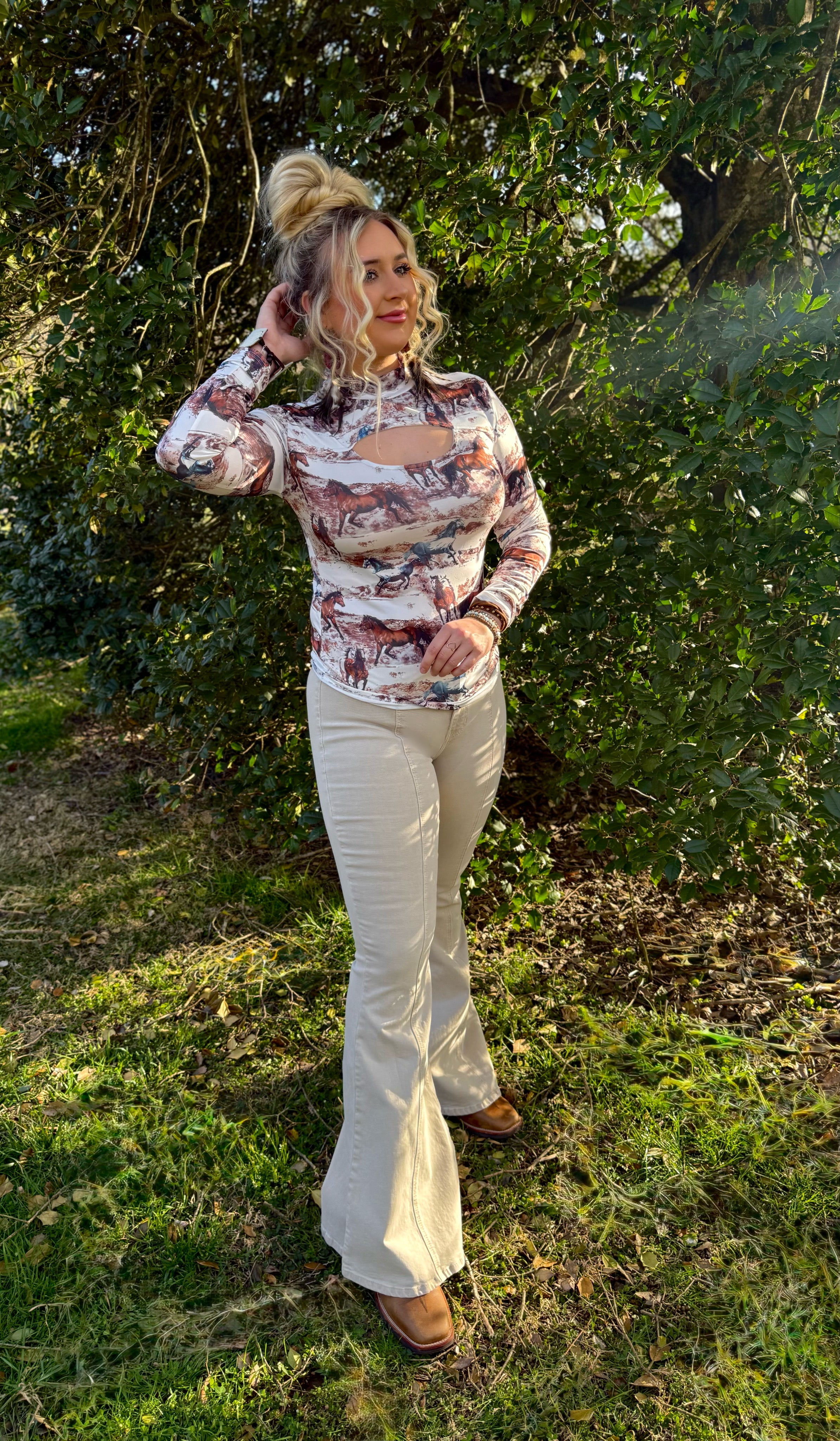 Wild Horses Long Sleeve Keyhole Top
