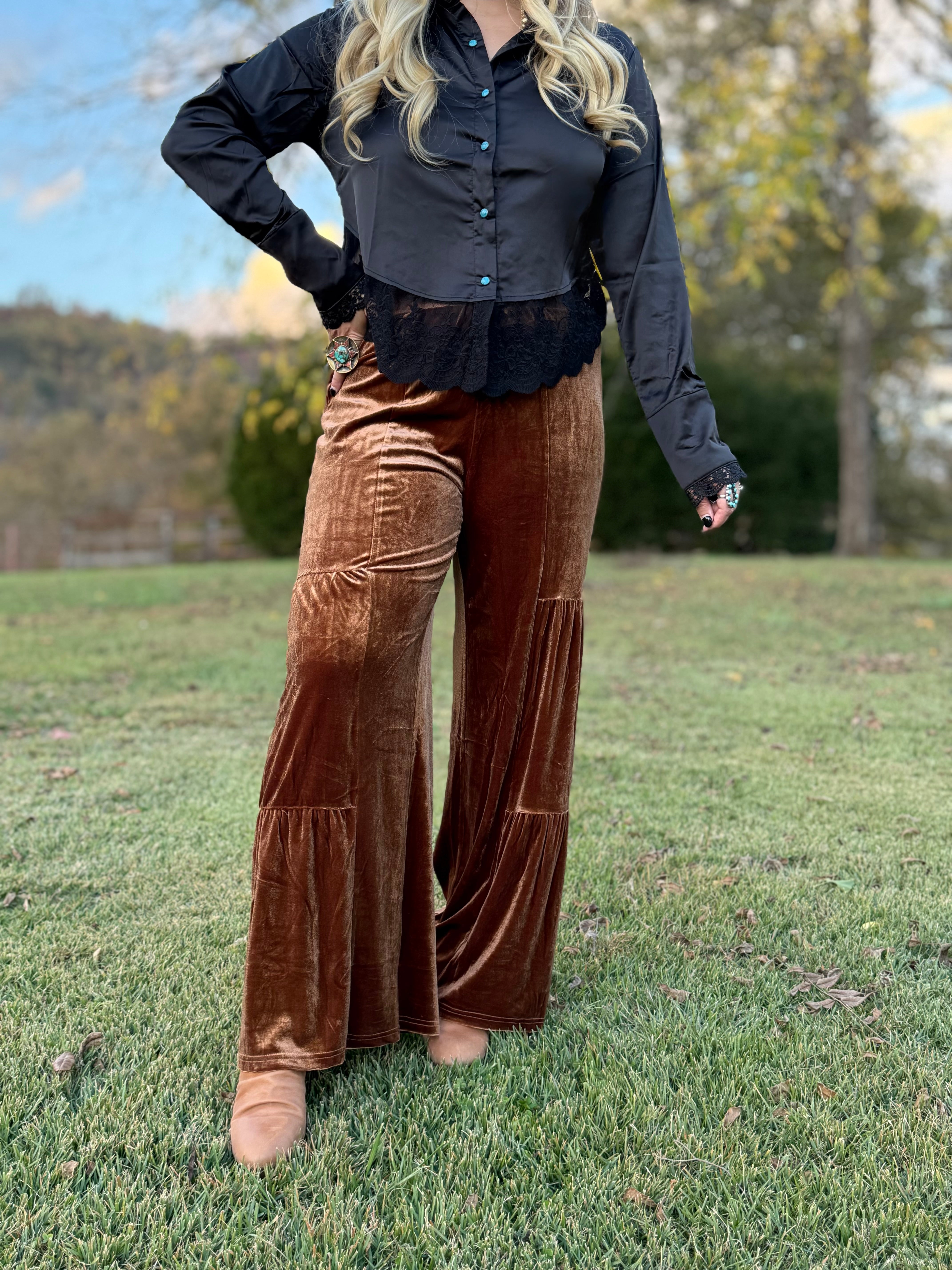 The Classy Copper Tiered Velvet Pants