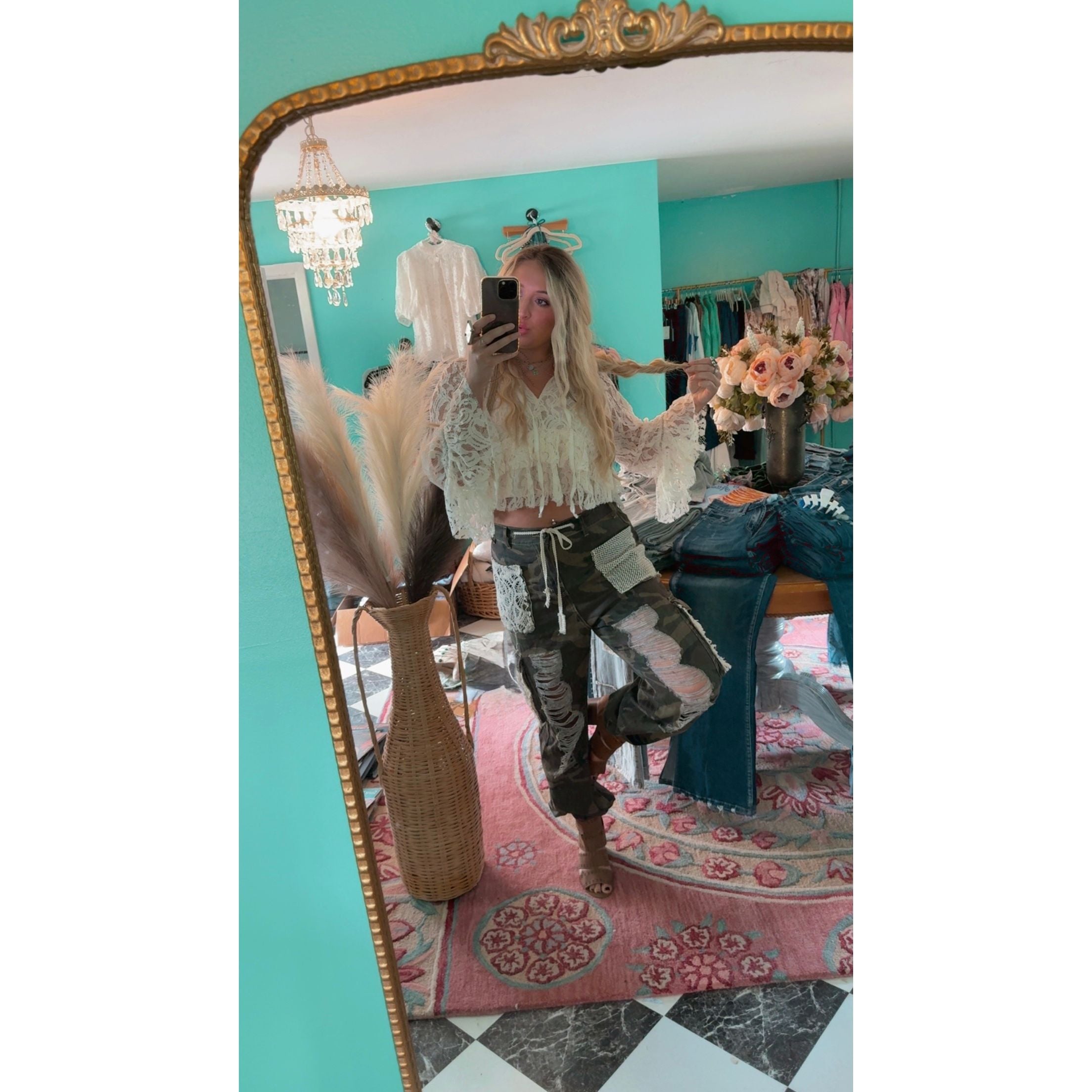 POL: Ripped Camo and Lace Joggers