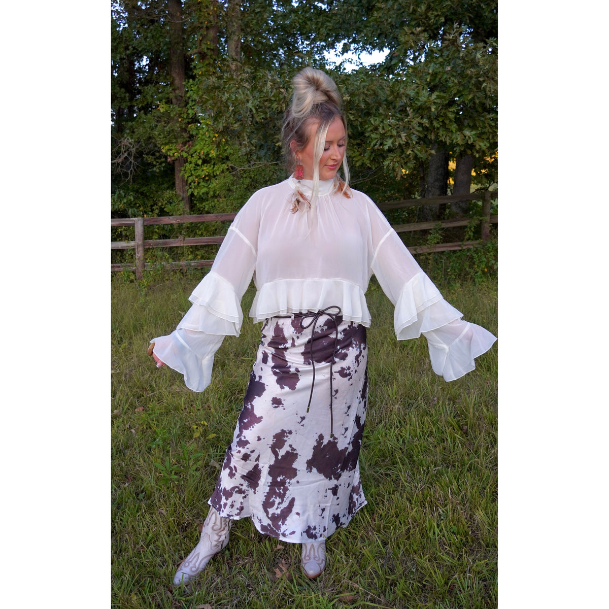 Off White Ruffled Sleeve Tie Neck Top