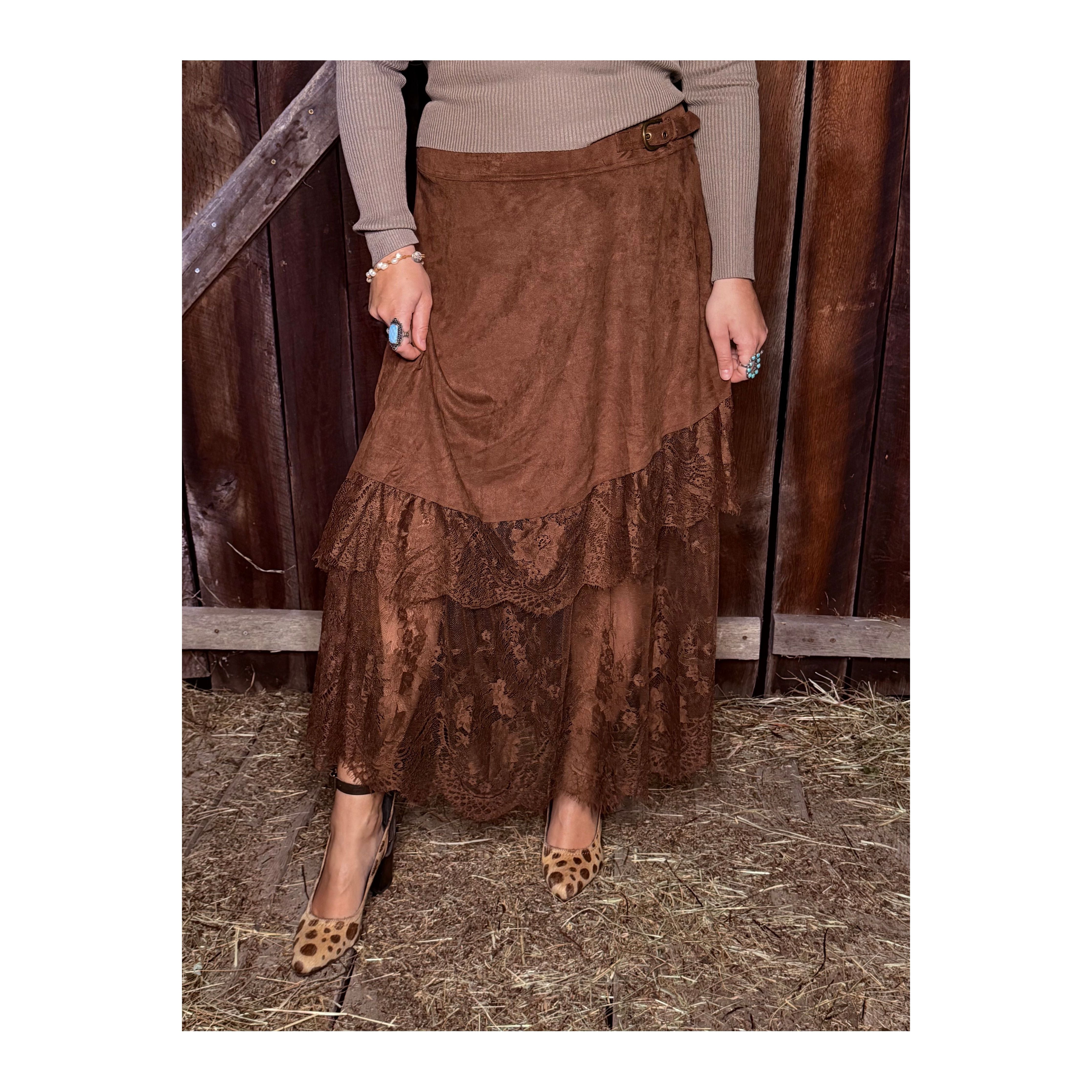 Faux Suede and Lace Brown Buckled Maxi Skirt