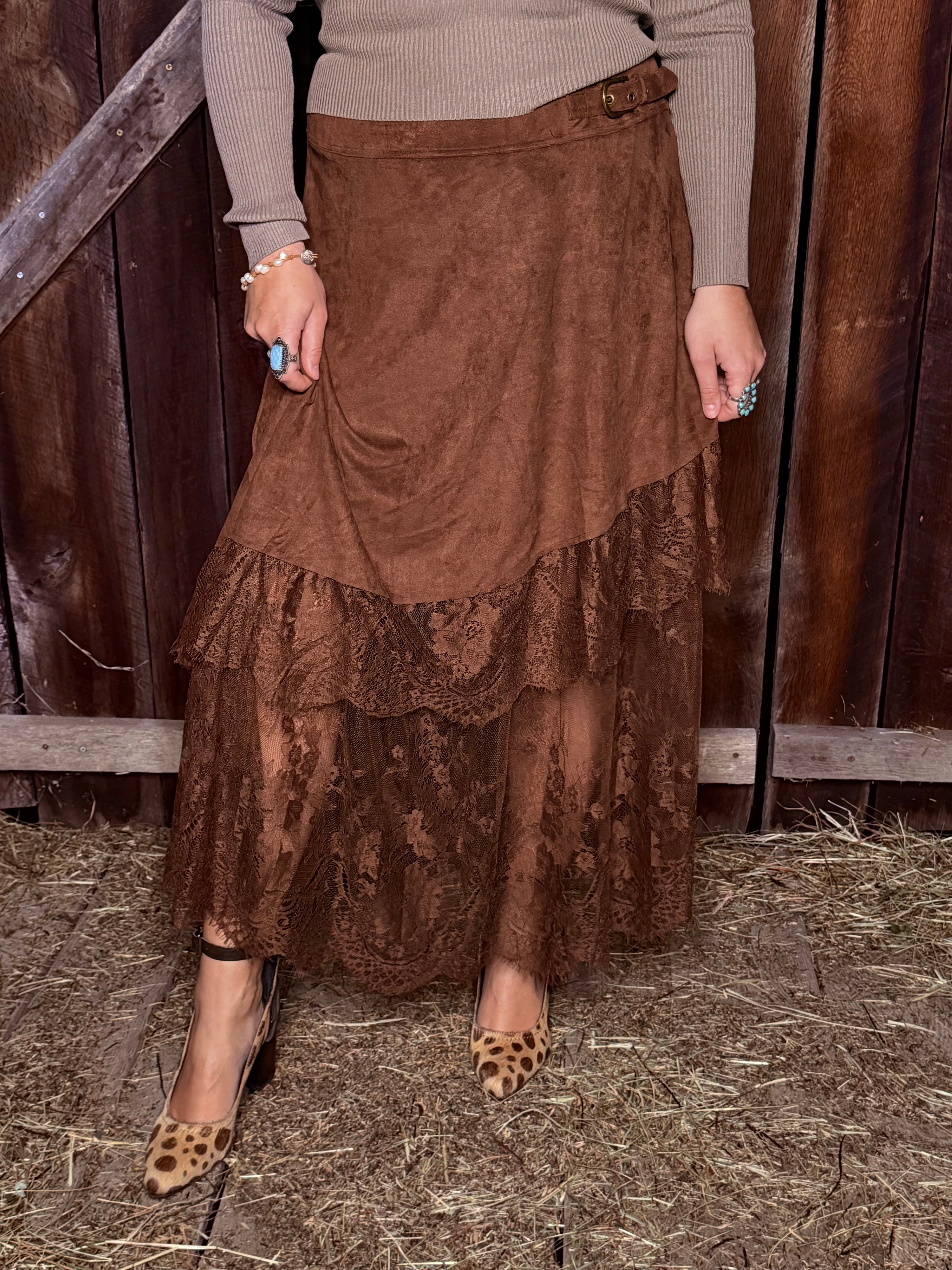 Faux Suede and Lace Brown Buckled Maxi Skirt