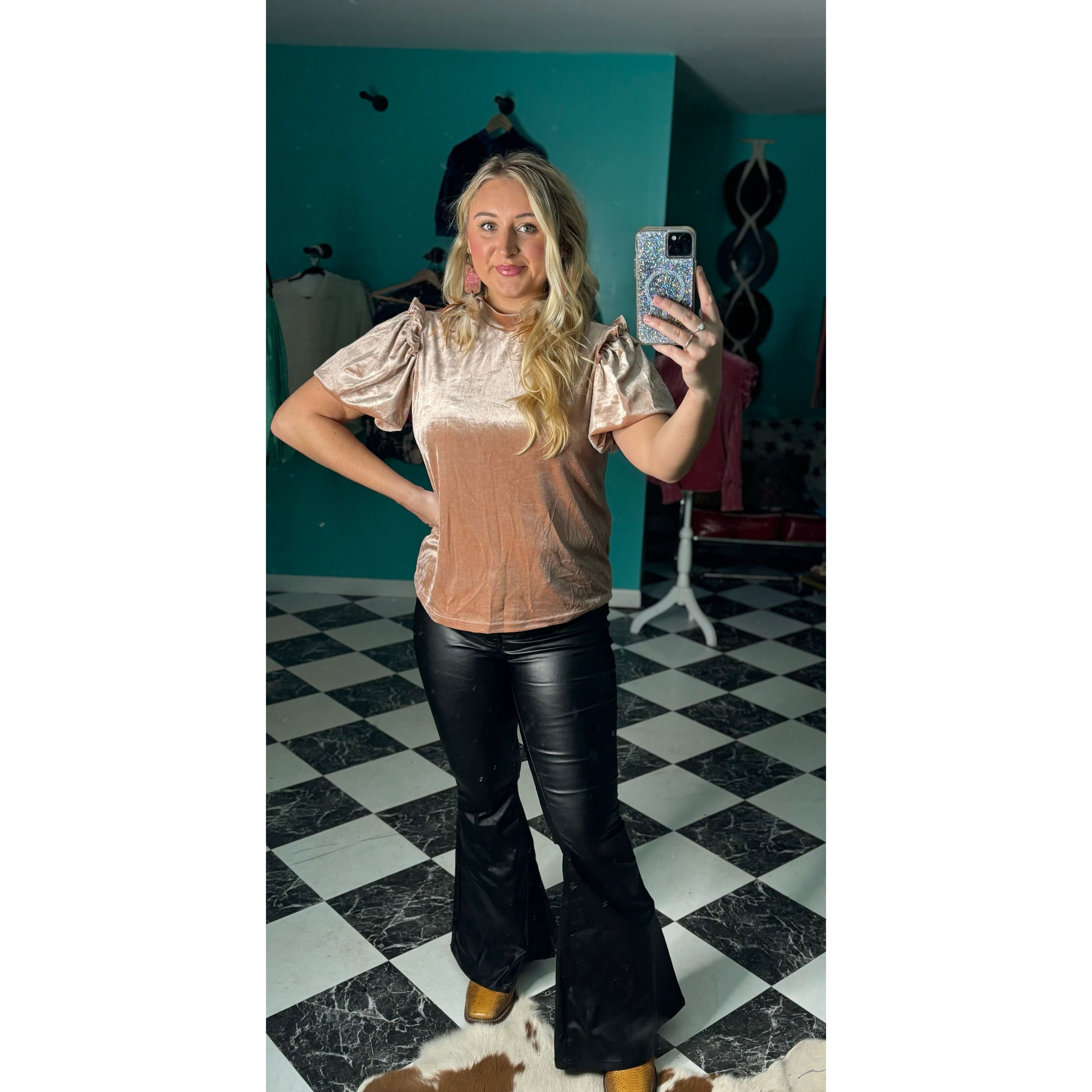 Beige Velvet Puff Sleeve Top