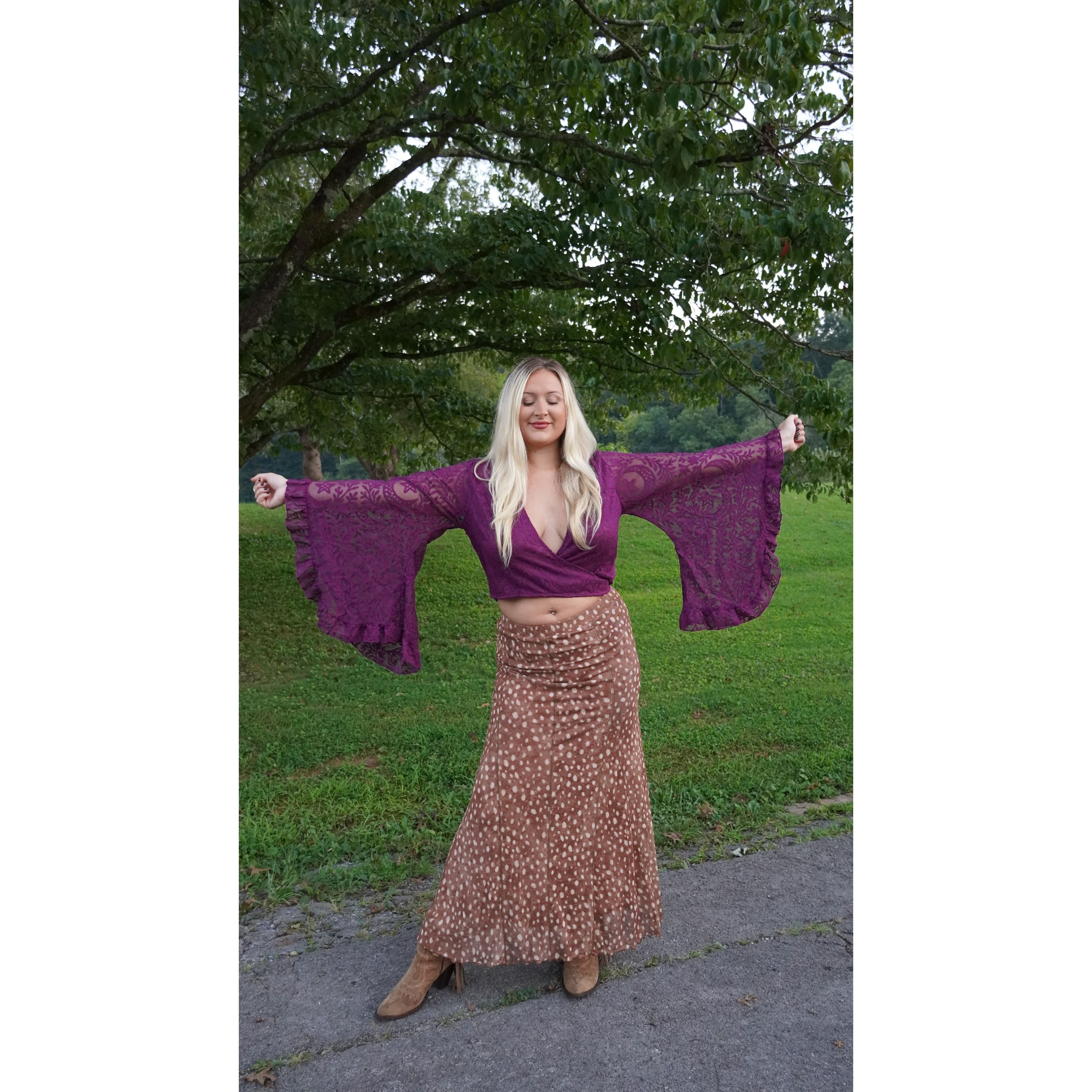 Plum Lace Ruffle Sleeve Wrap Top