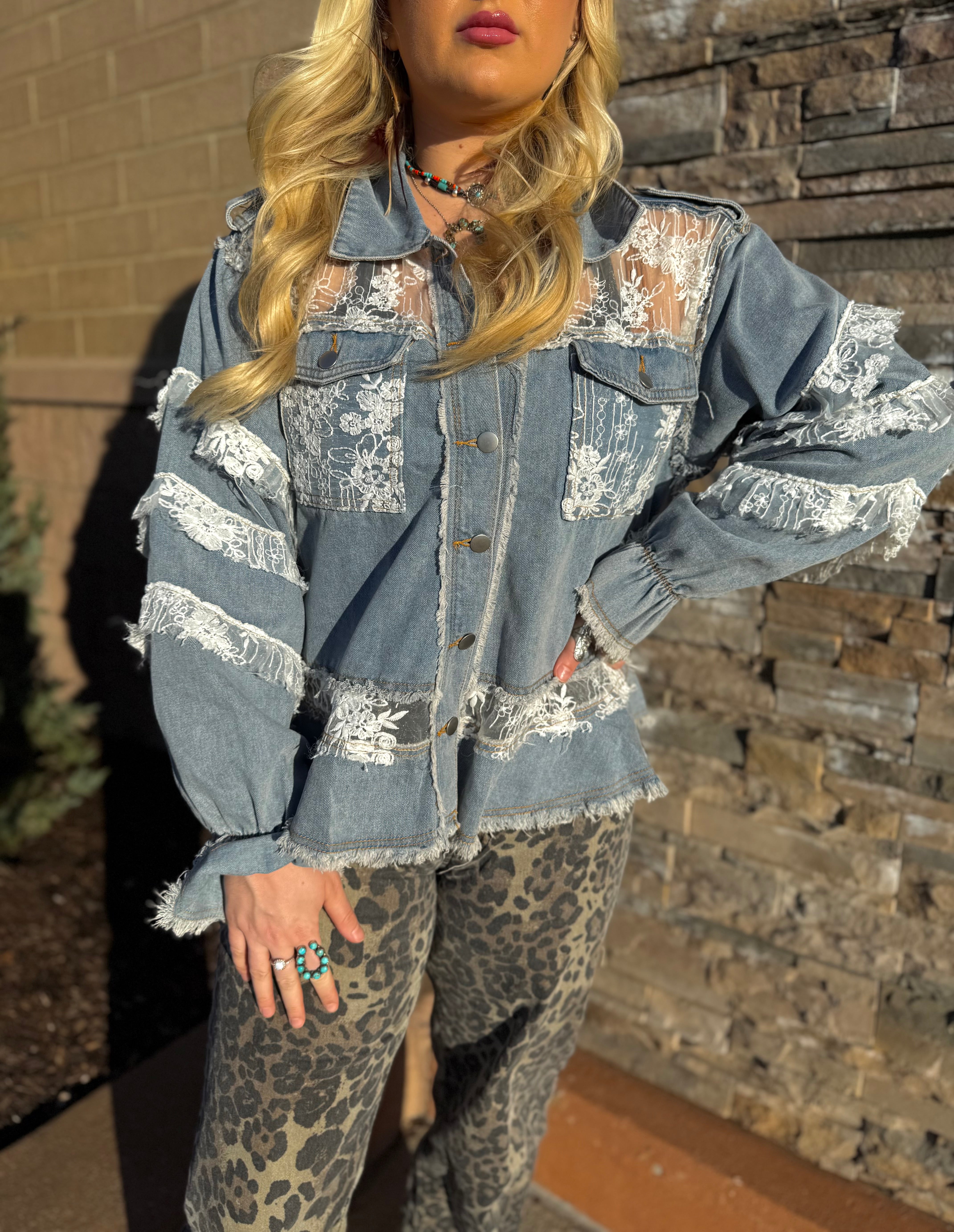 POL: Lainey Lace Trim Ruffle Denim Jacket