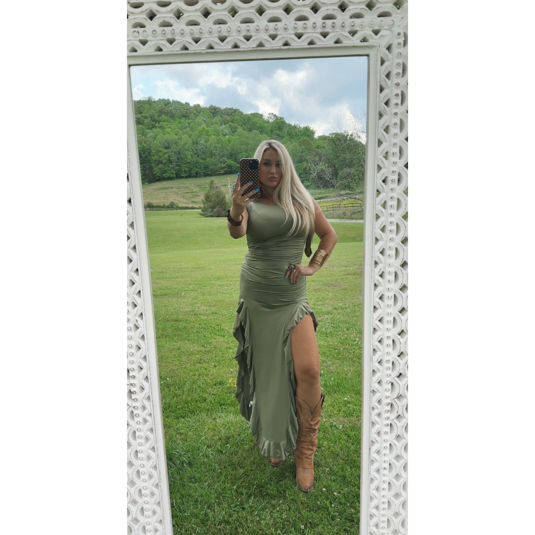 Western Cowgirl Ruffled Slit Olive Green Dress