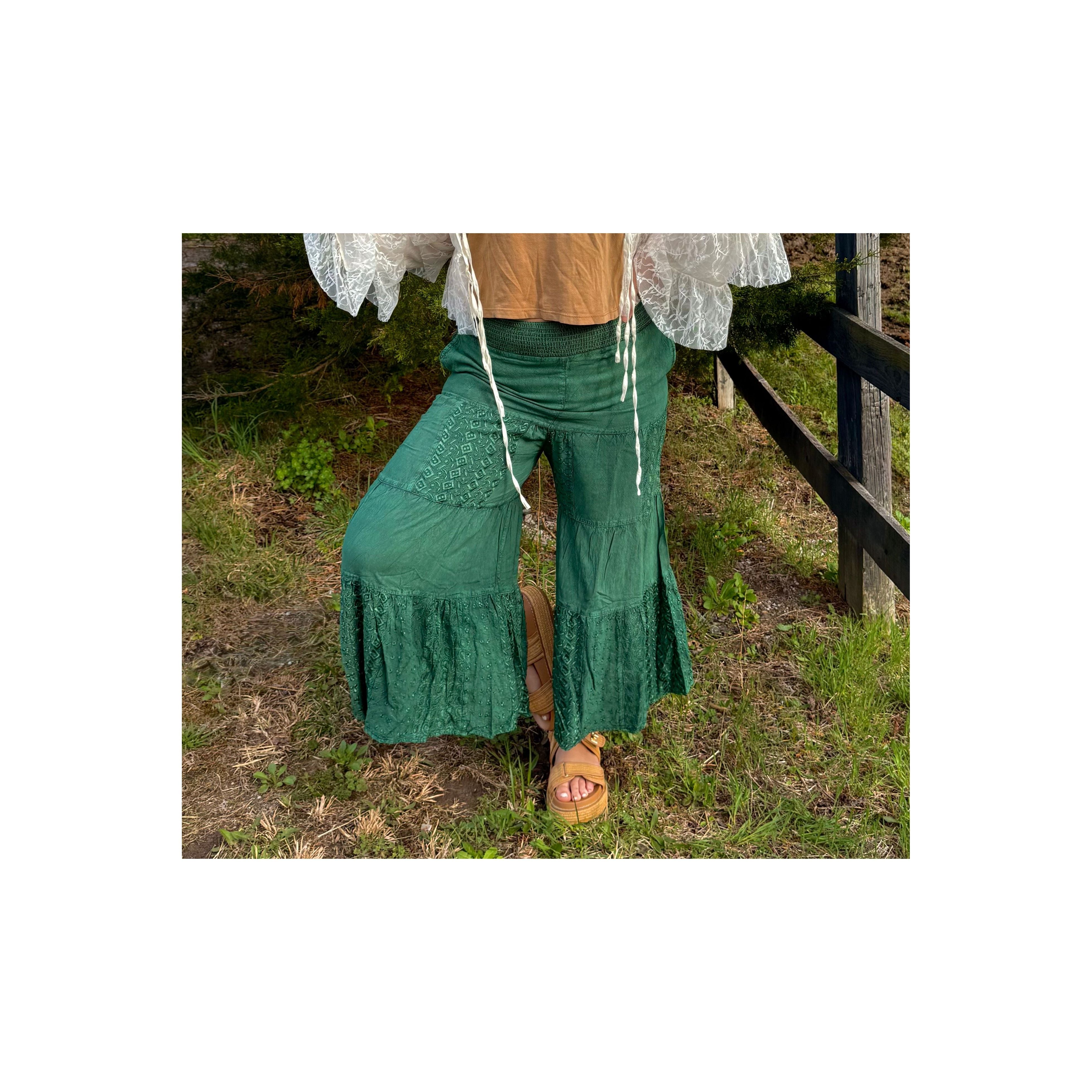 Green Embroidered Tiered Flared Pants