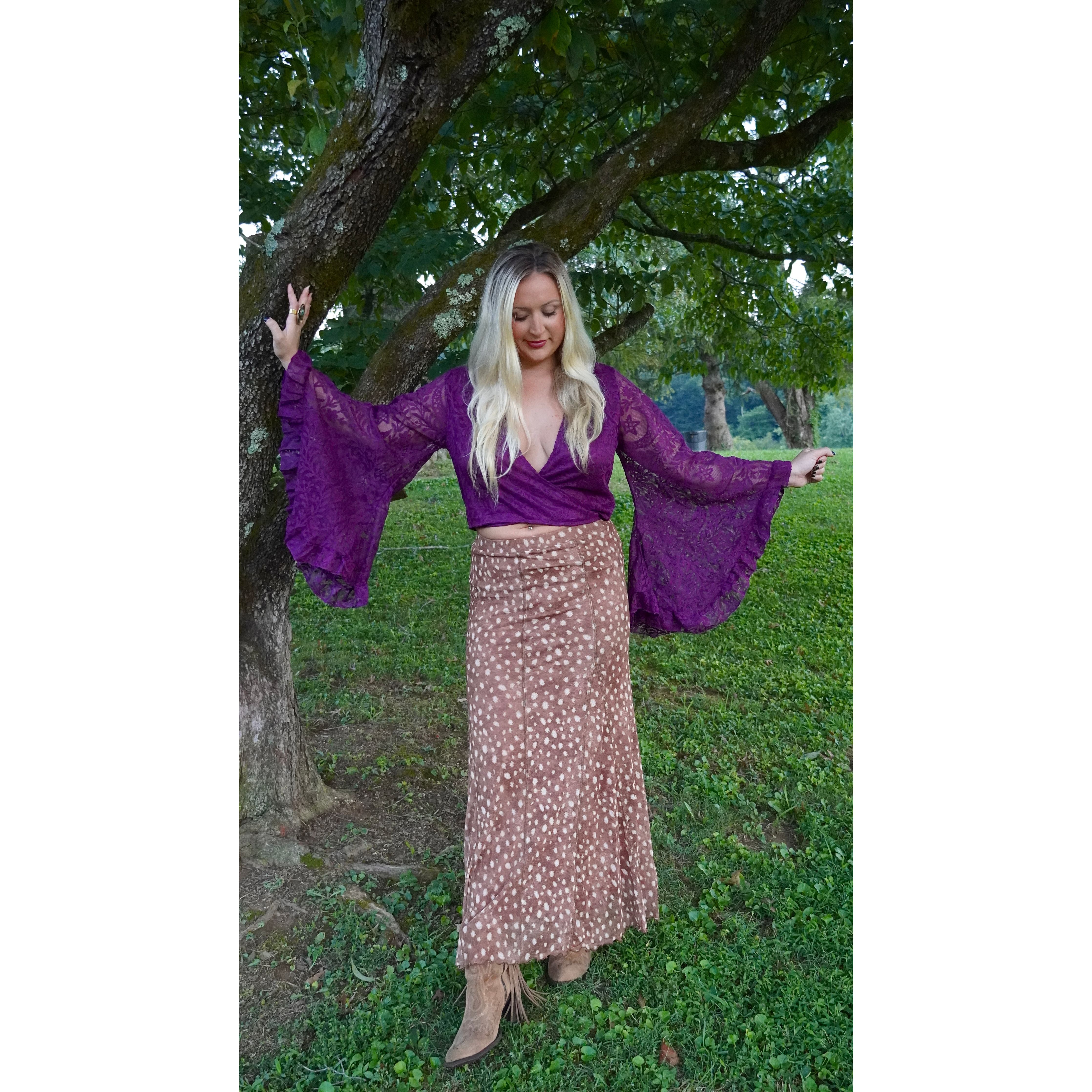 Plum Lace Ruffle Sleeve Wrap Top