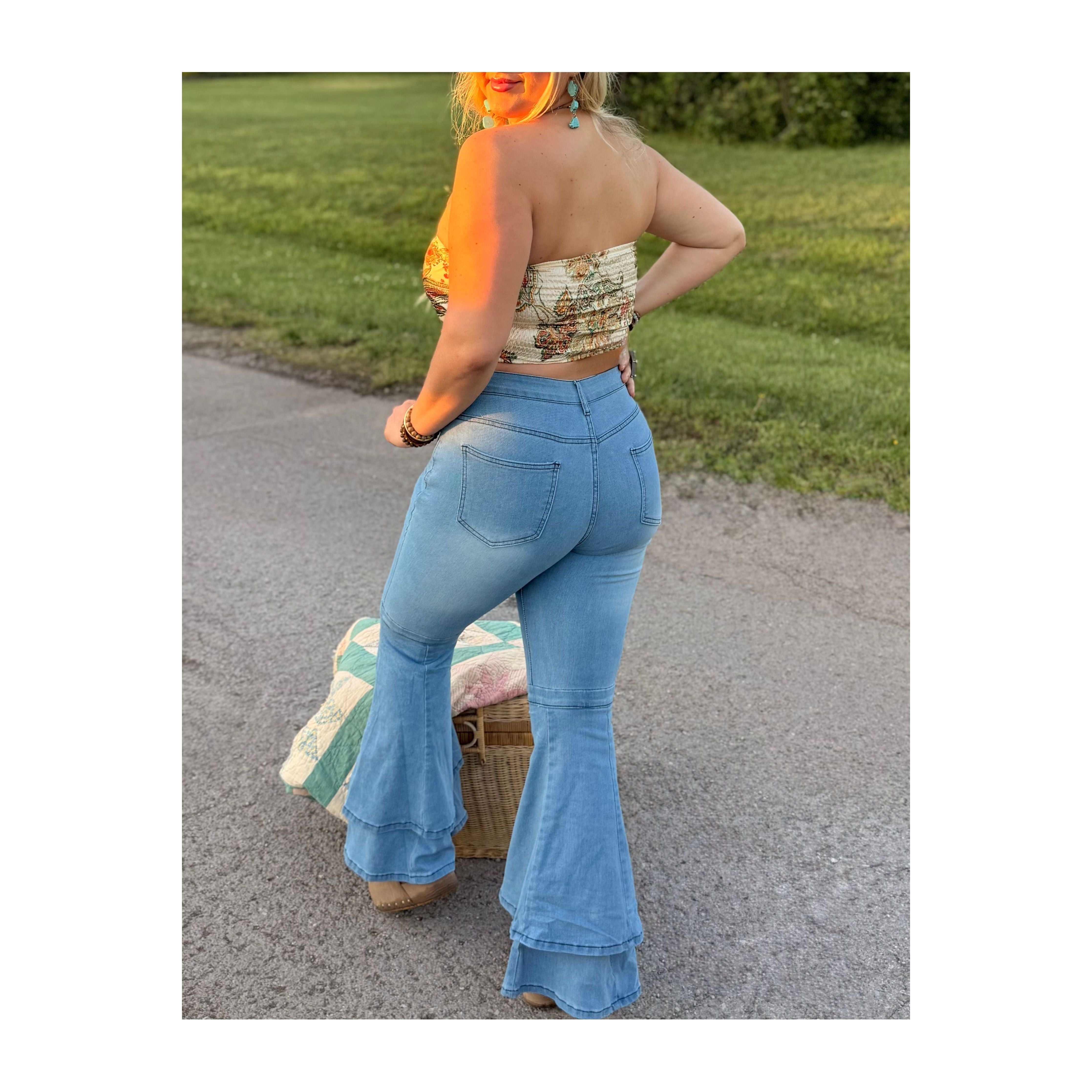 Jenny Layered Ruffle Flare Jeans Light Wash