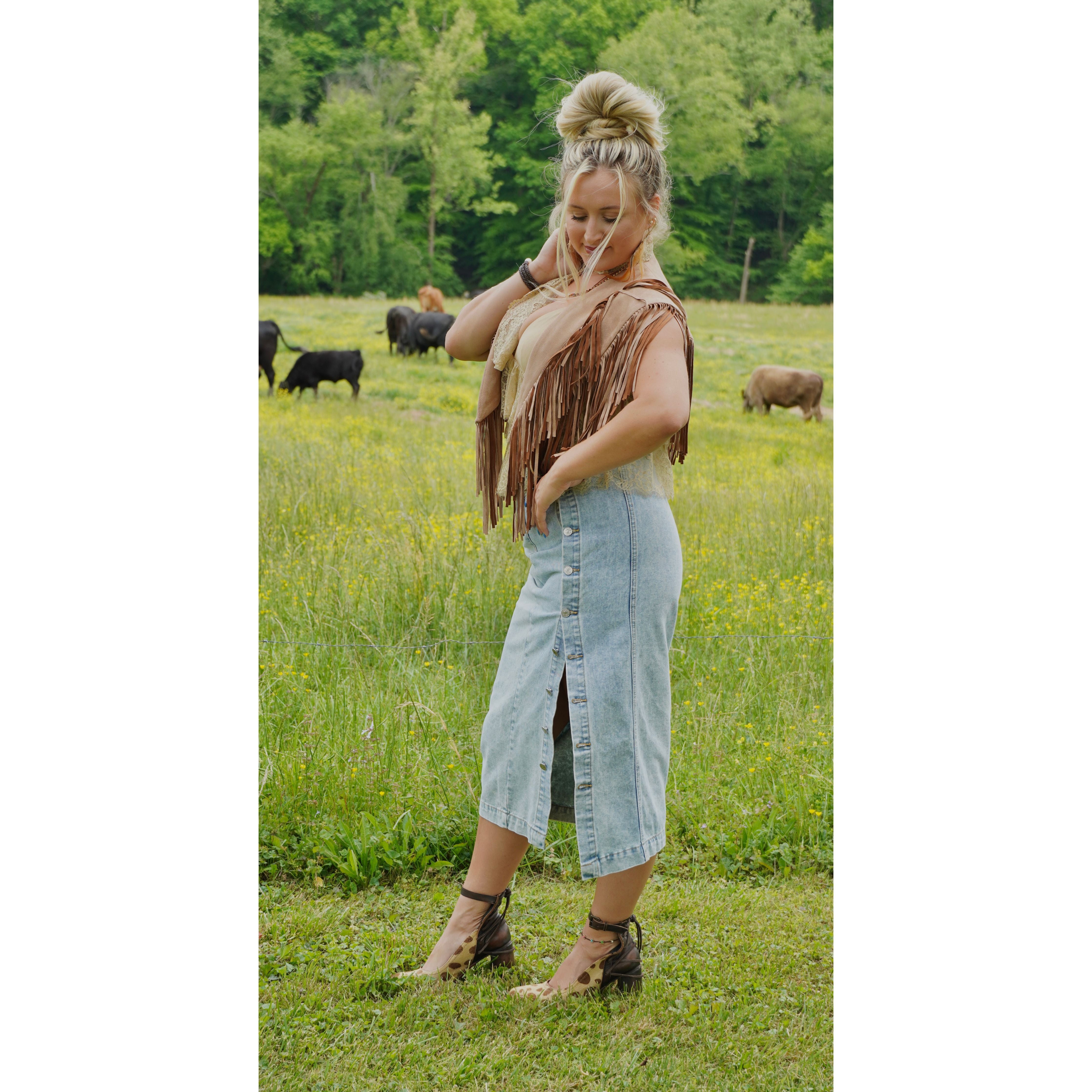 Button High Rise Denim Skirt