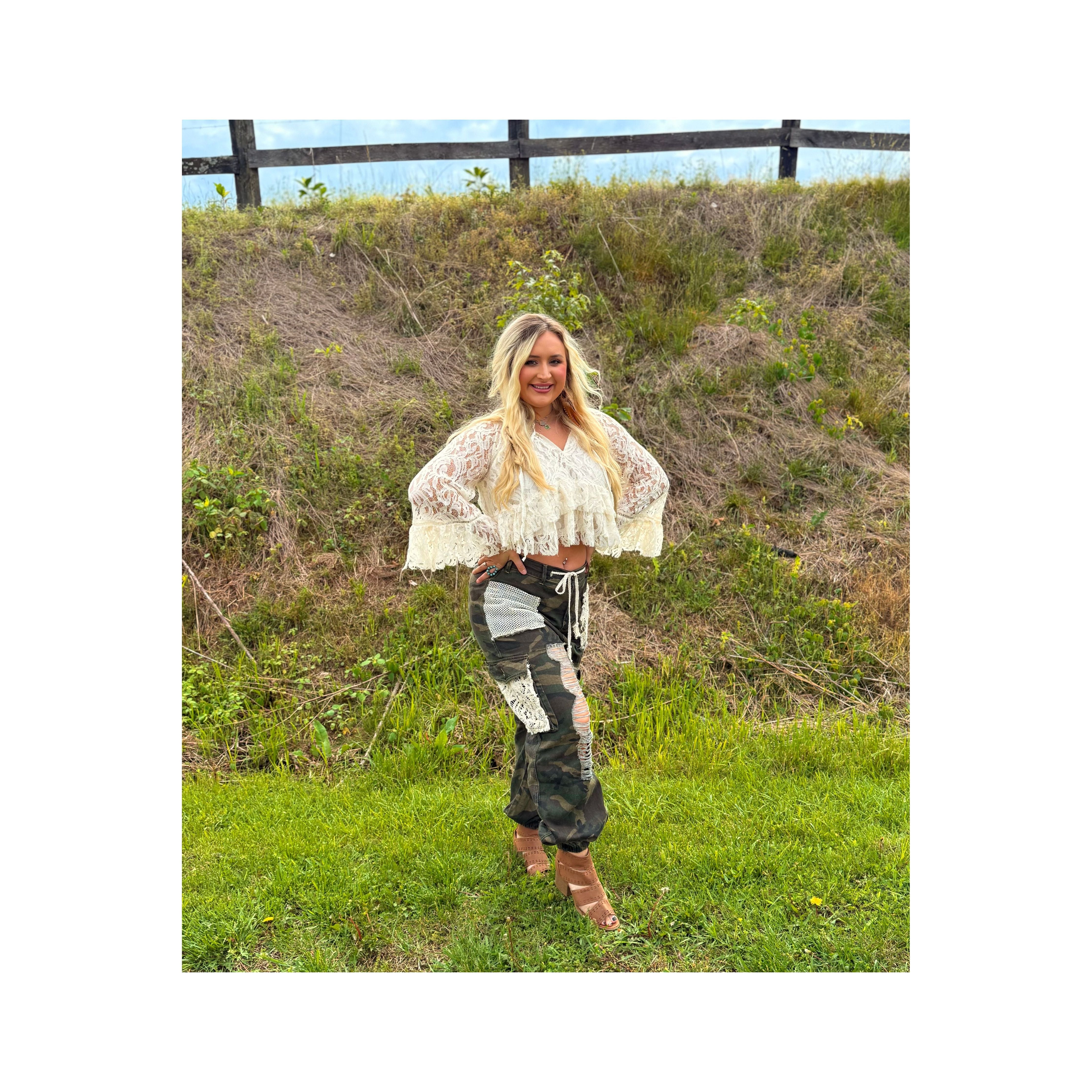 POL: Ripped Camo and Lace Joggers