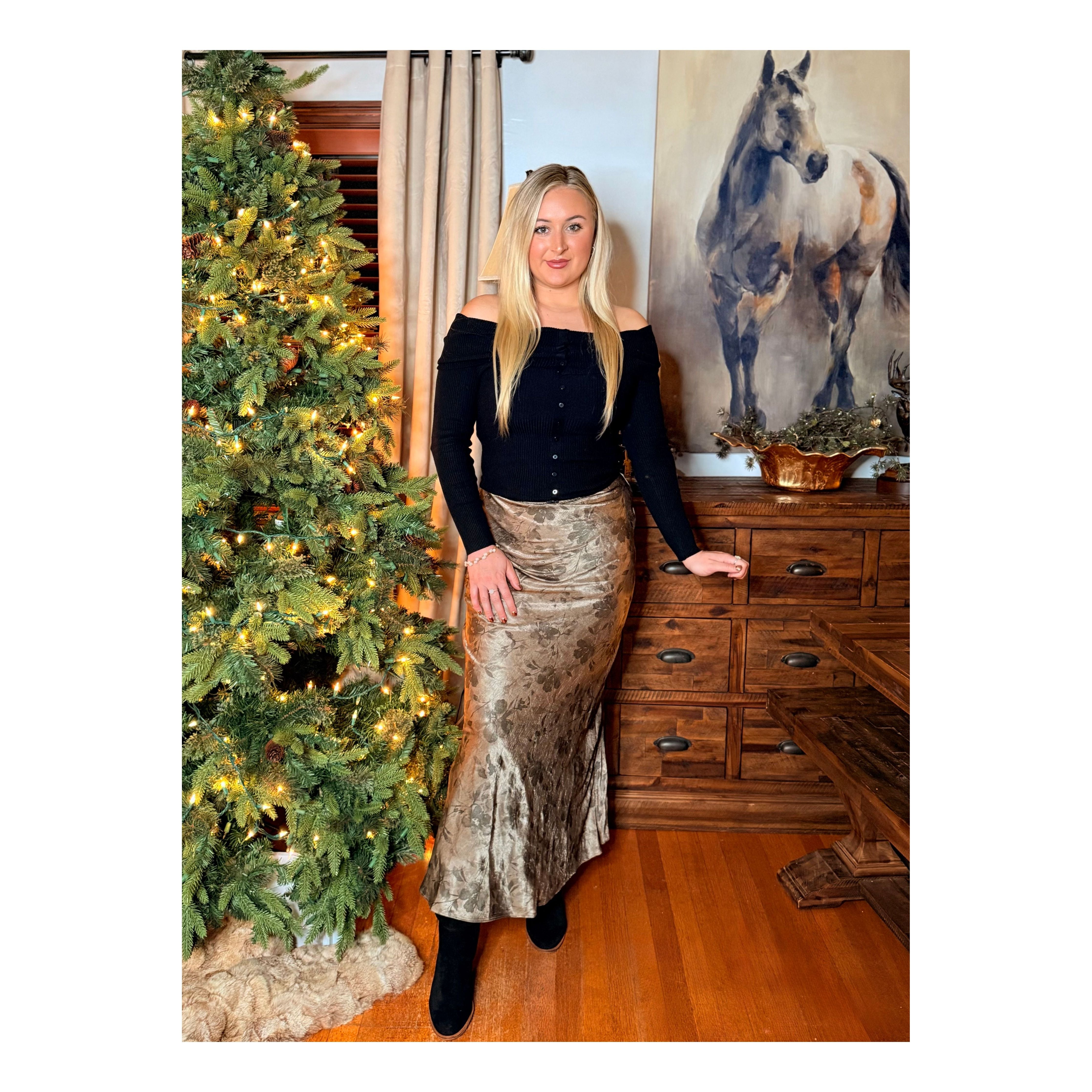 Floral Printed Cream Satin Maxi Skirt
