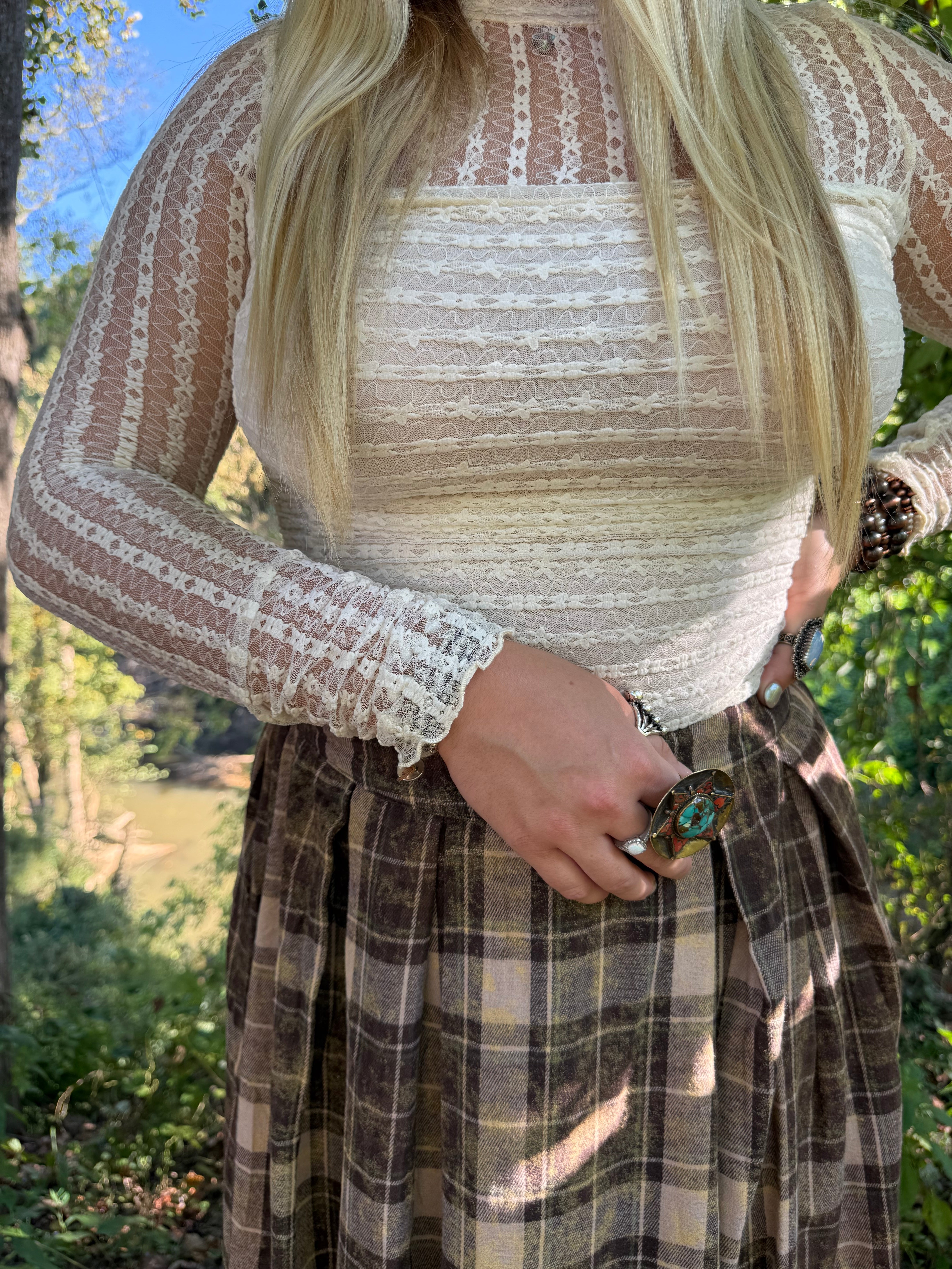 Cream Lace Ruched Mock Neck Bodysuit