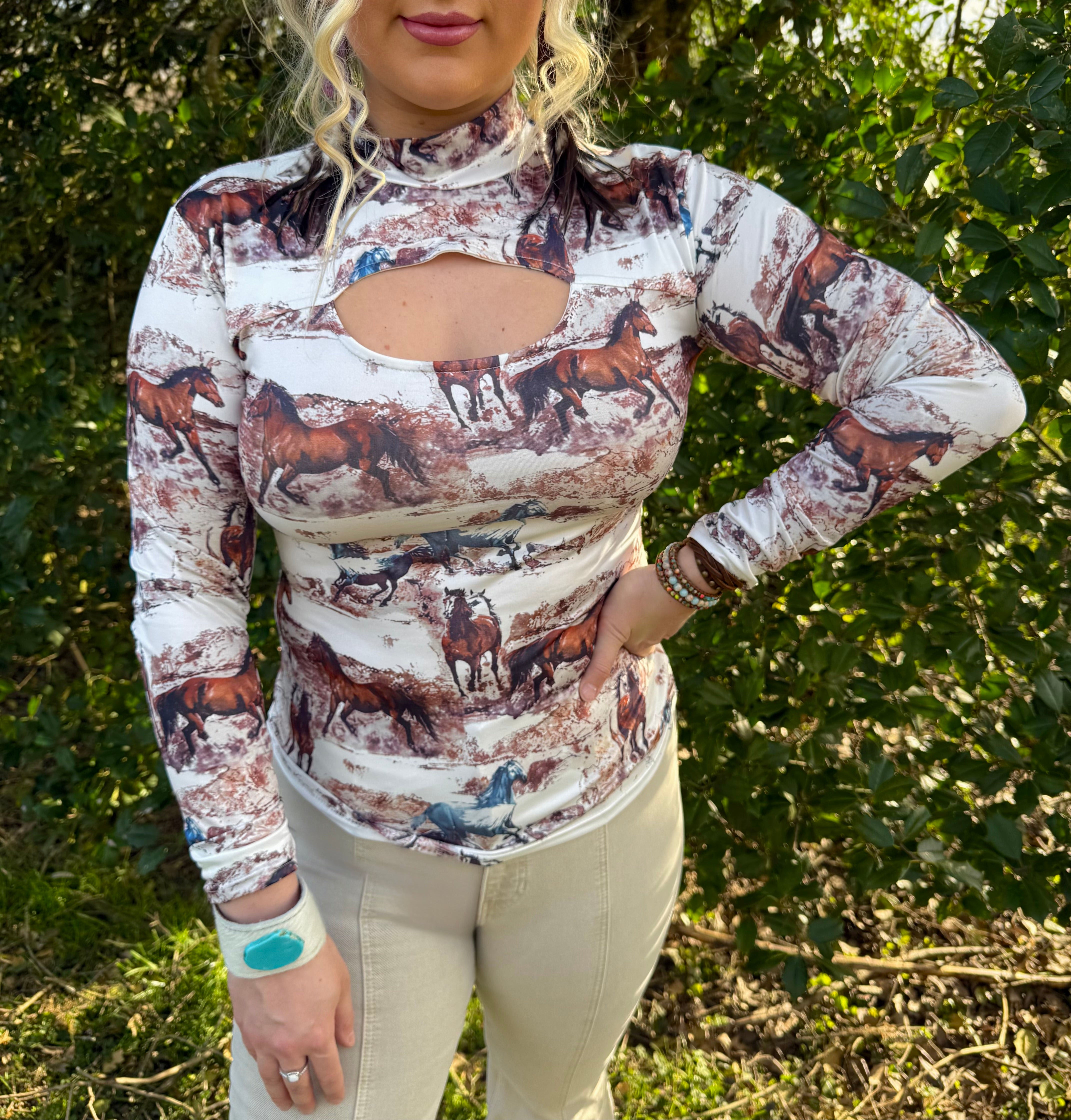 Wild Horses Long Sleeve Keyhole Top