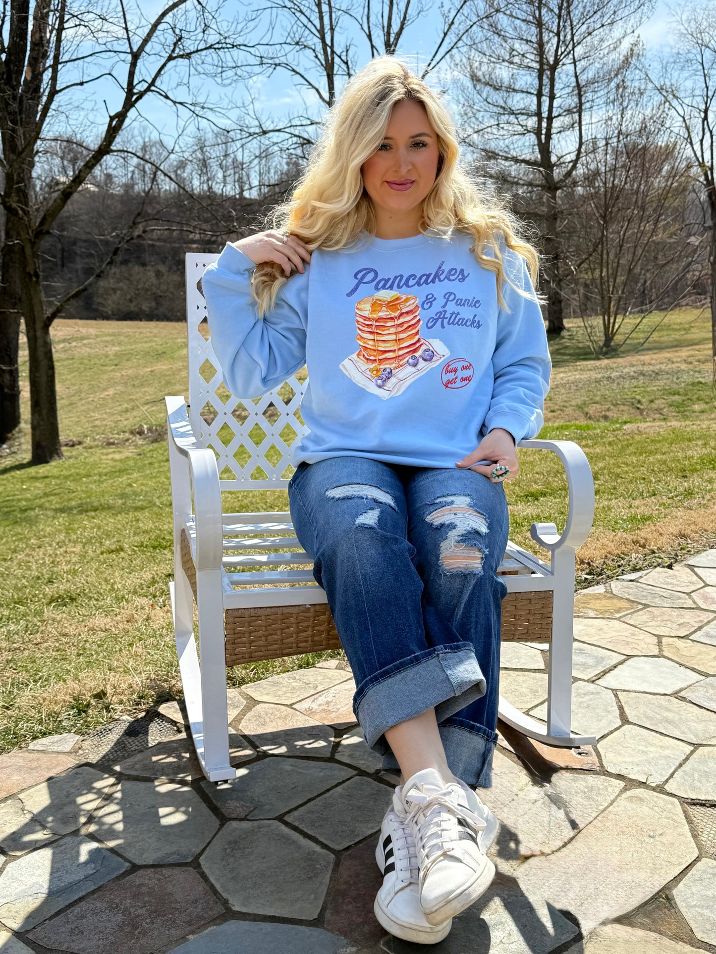 Pancakes & Panic Attacks Baby Blue Crewneck Sweatshirt