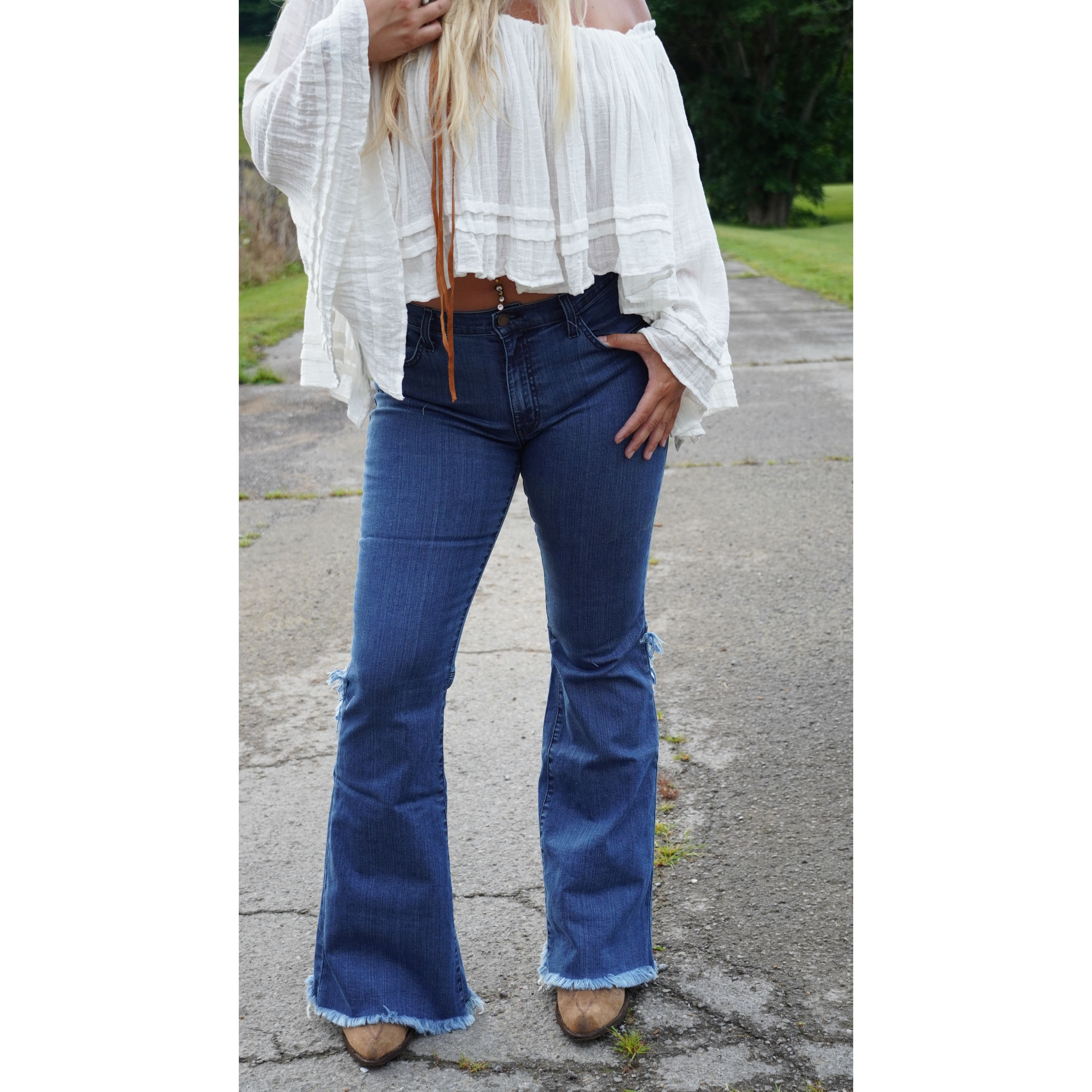 Ruffled Split Back Flare Jeans