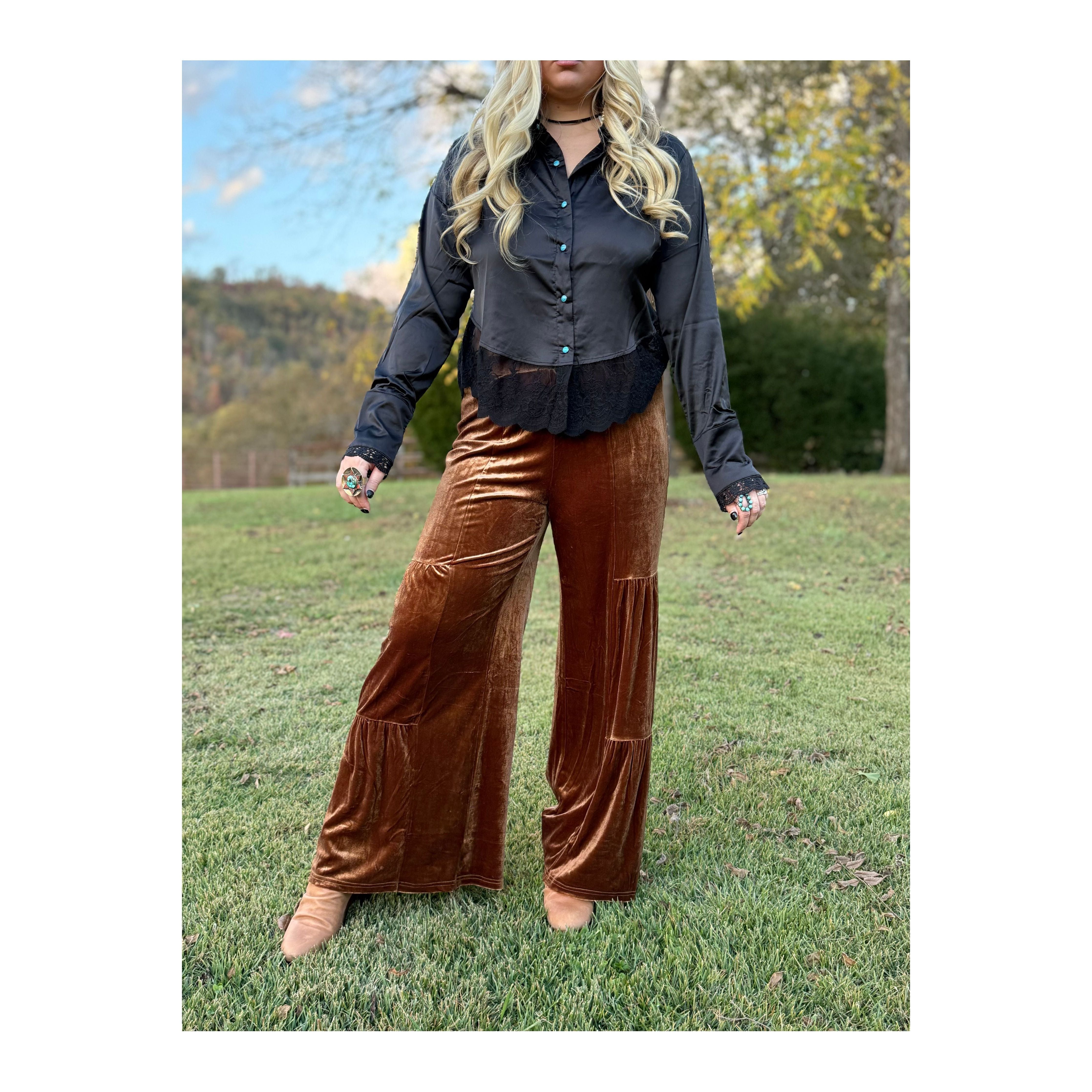 The Classy Copper Tiered Velvet Pants