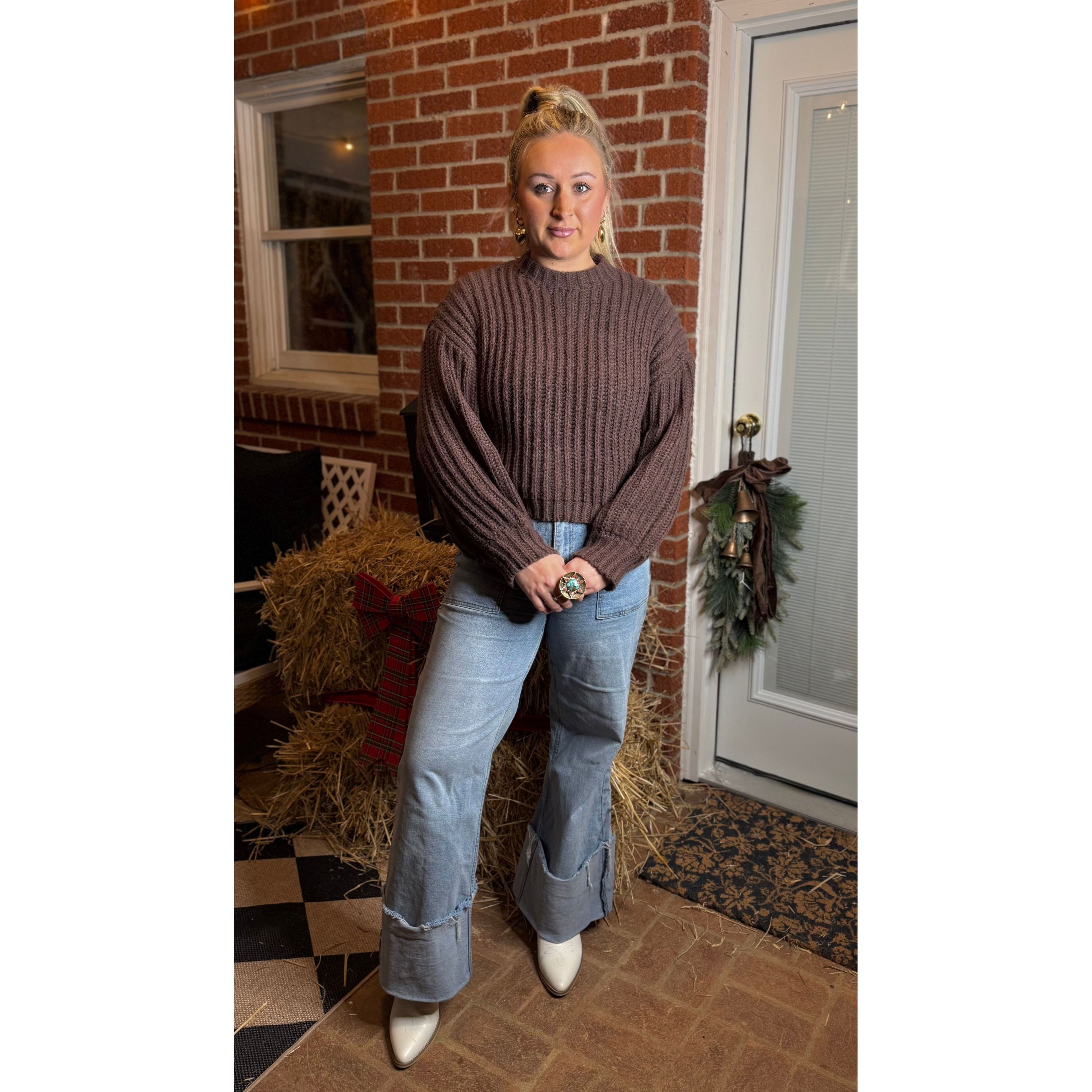 Cozy Chocolate Wide Sleeve Rib Knit Sweater