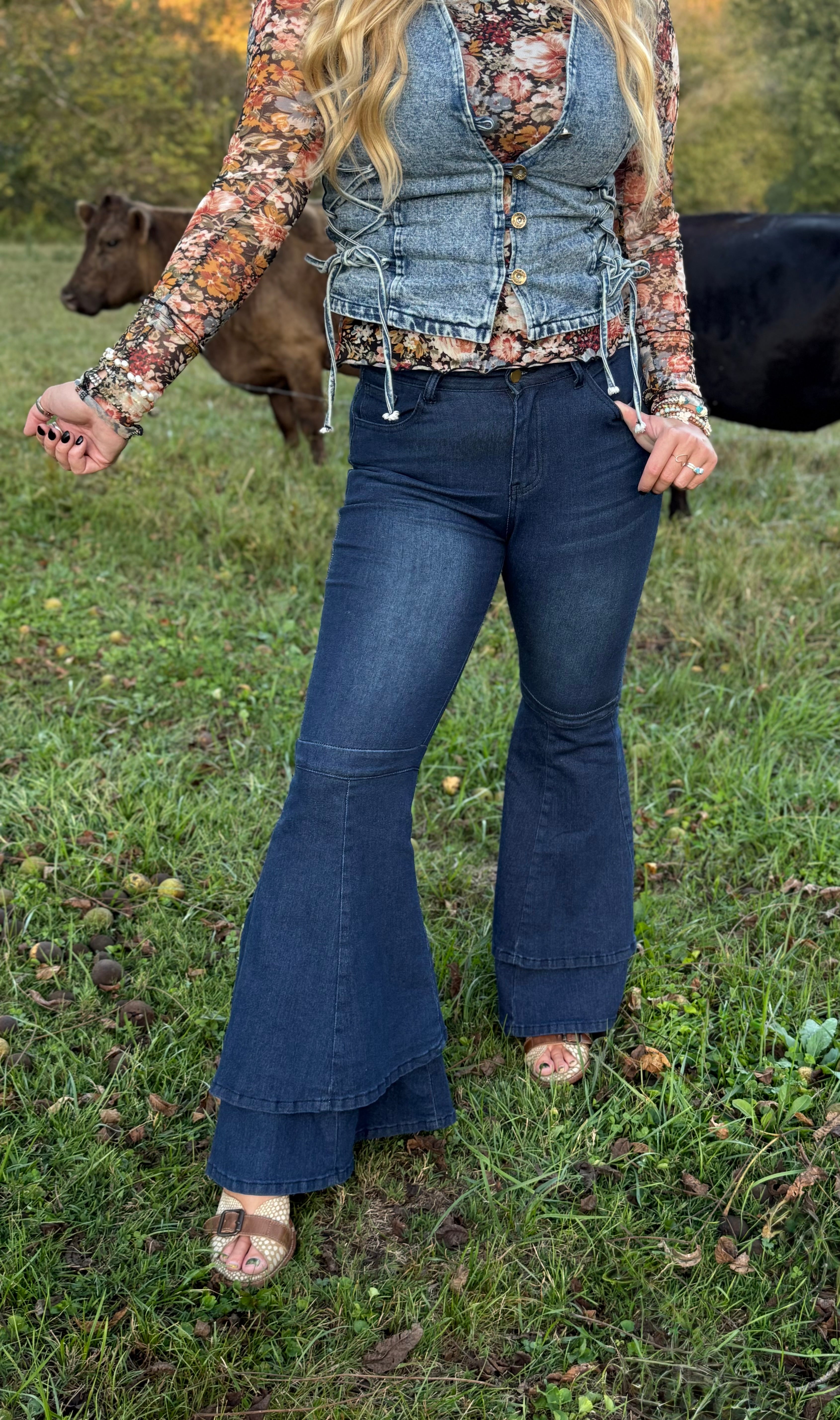 Jenny Layered Ruffle Flare Jeans Dark Wash