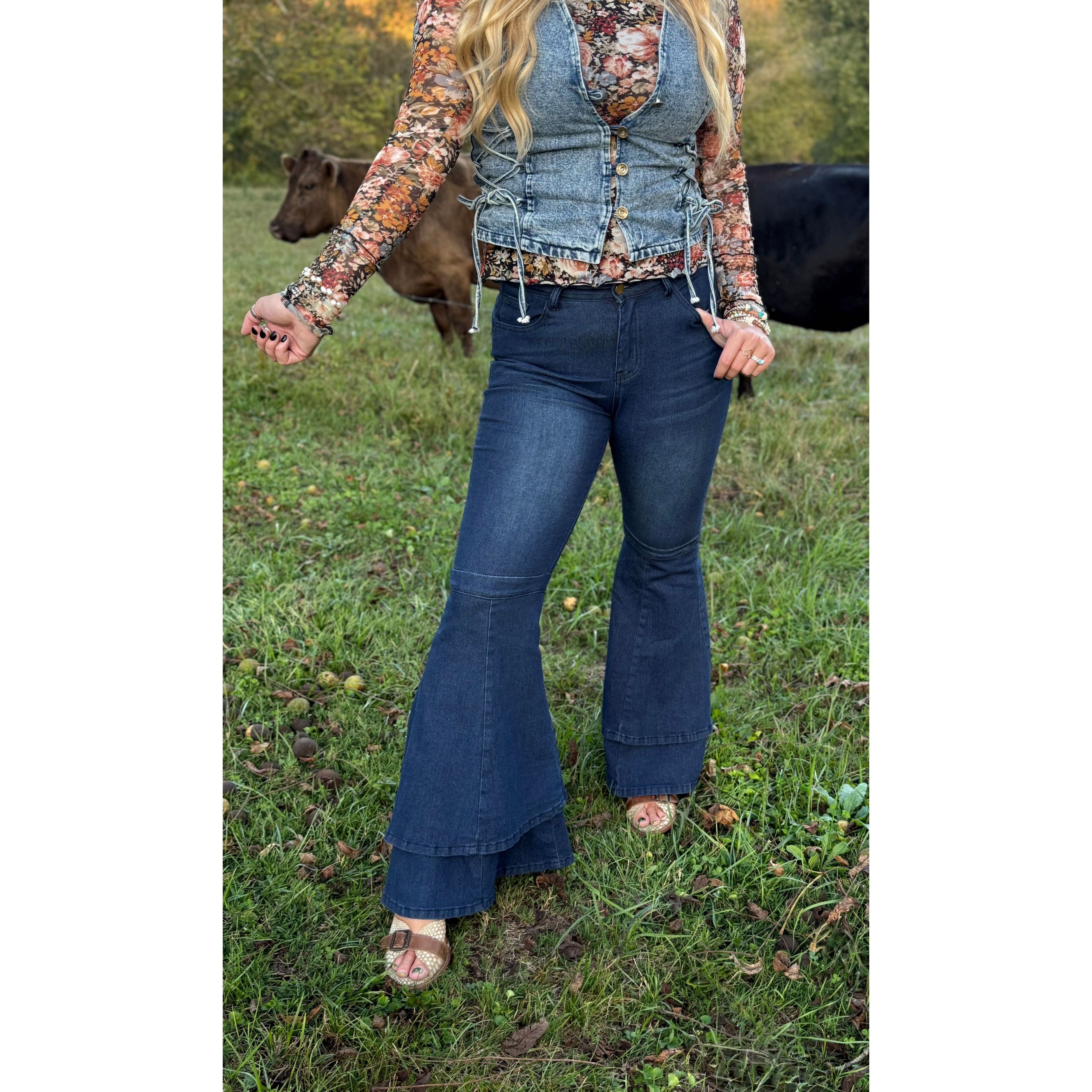 Jenny Layered Ruffle Flare Jeans Dark Wash