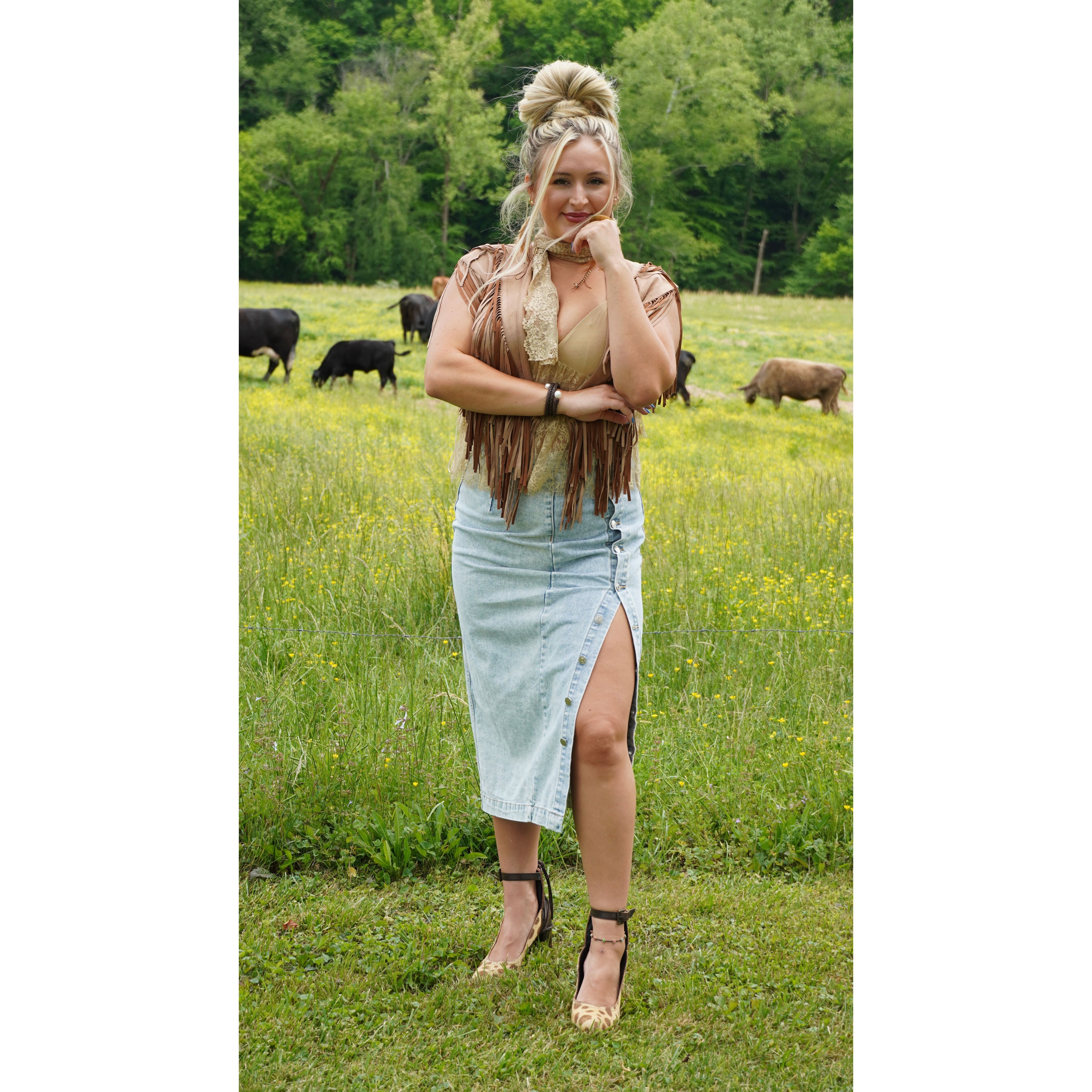 Button High Rise Denim Skirt
