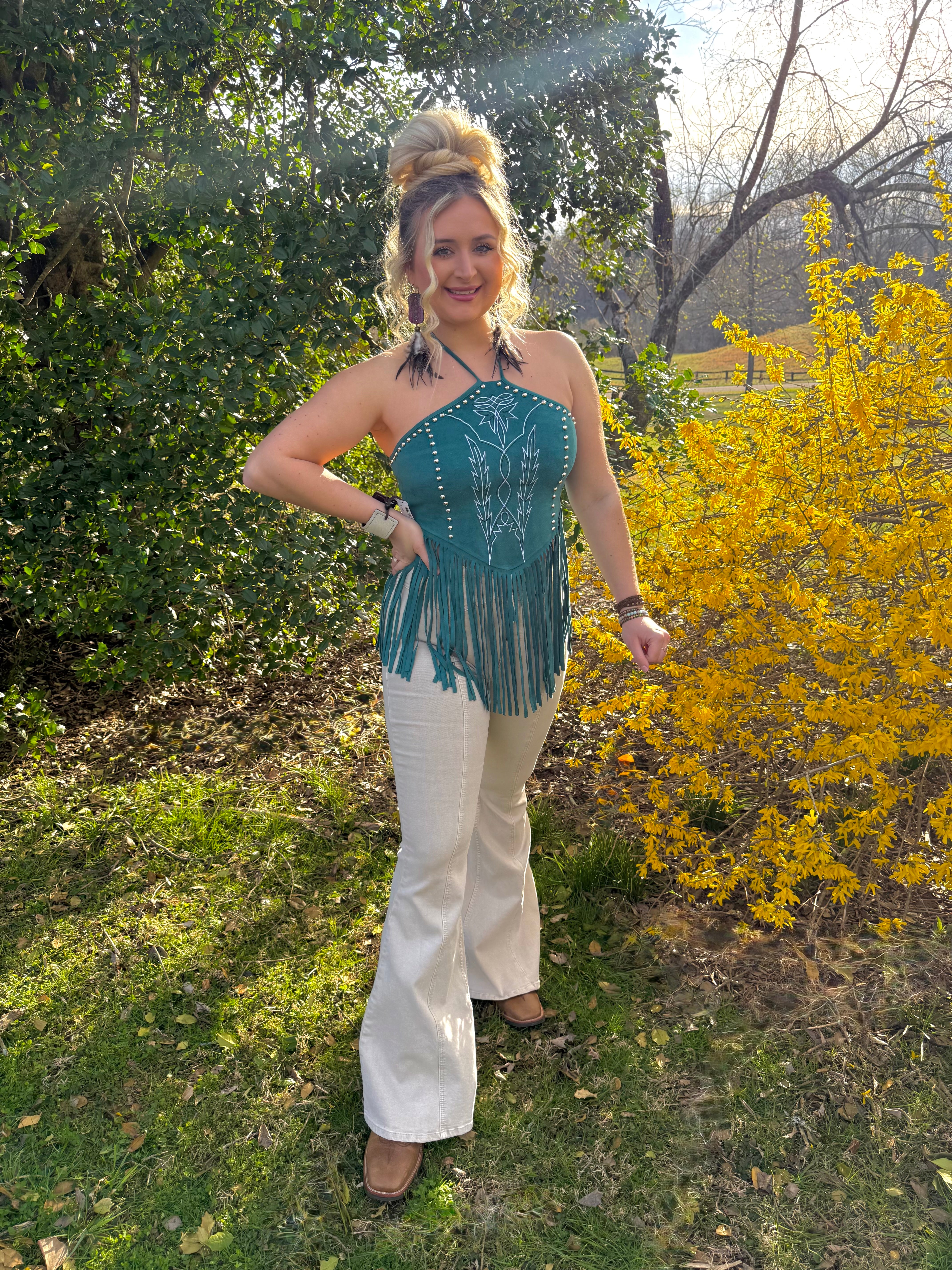 LUCKY & BLESSED Fringe Suede Halter Top