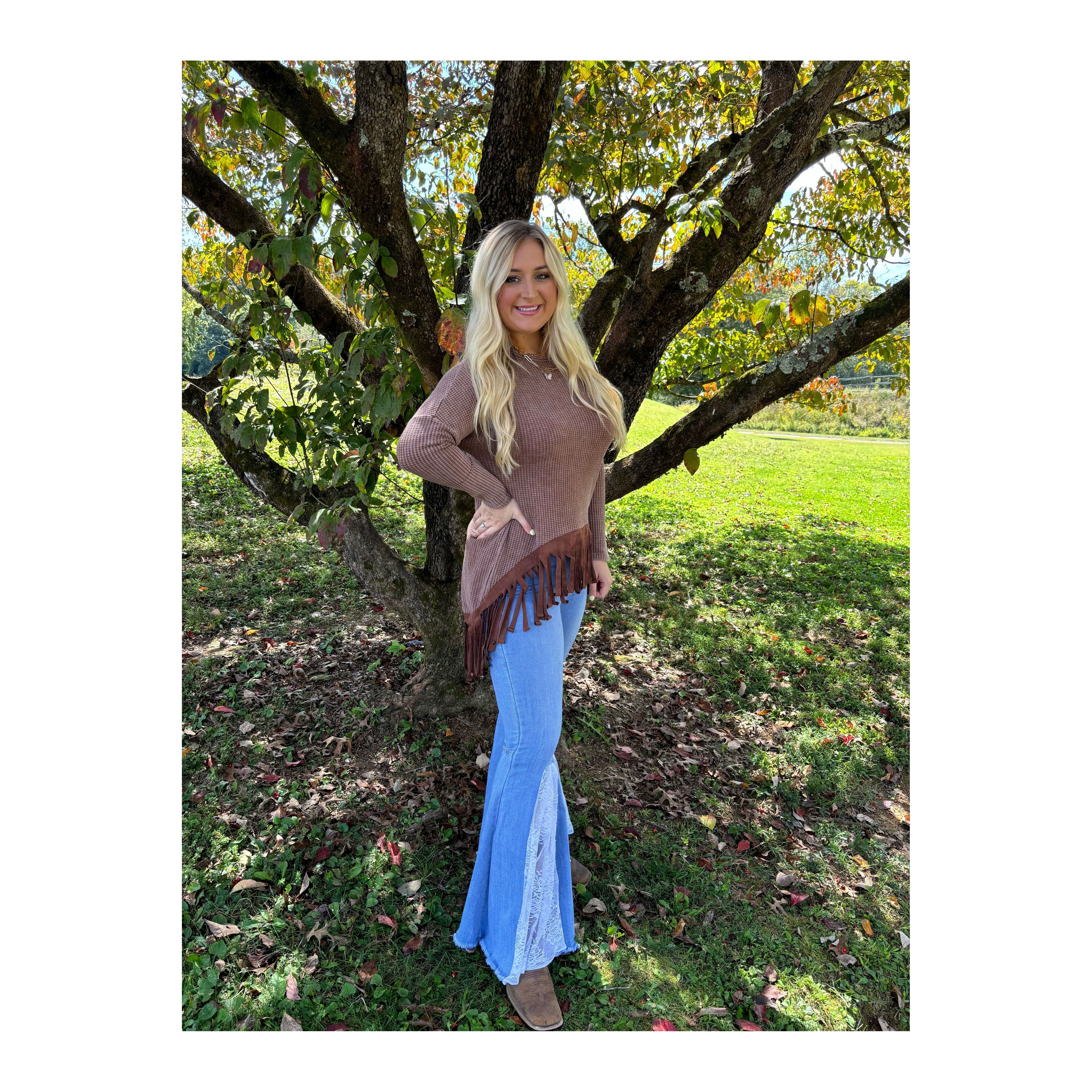 Waffle Knit Fringe High Low Chocolate Brown Top