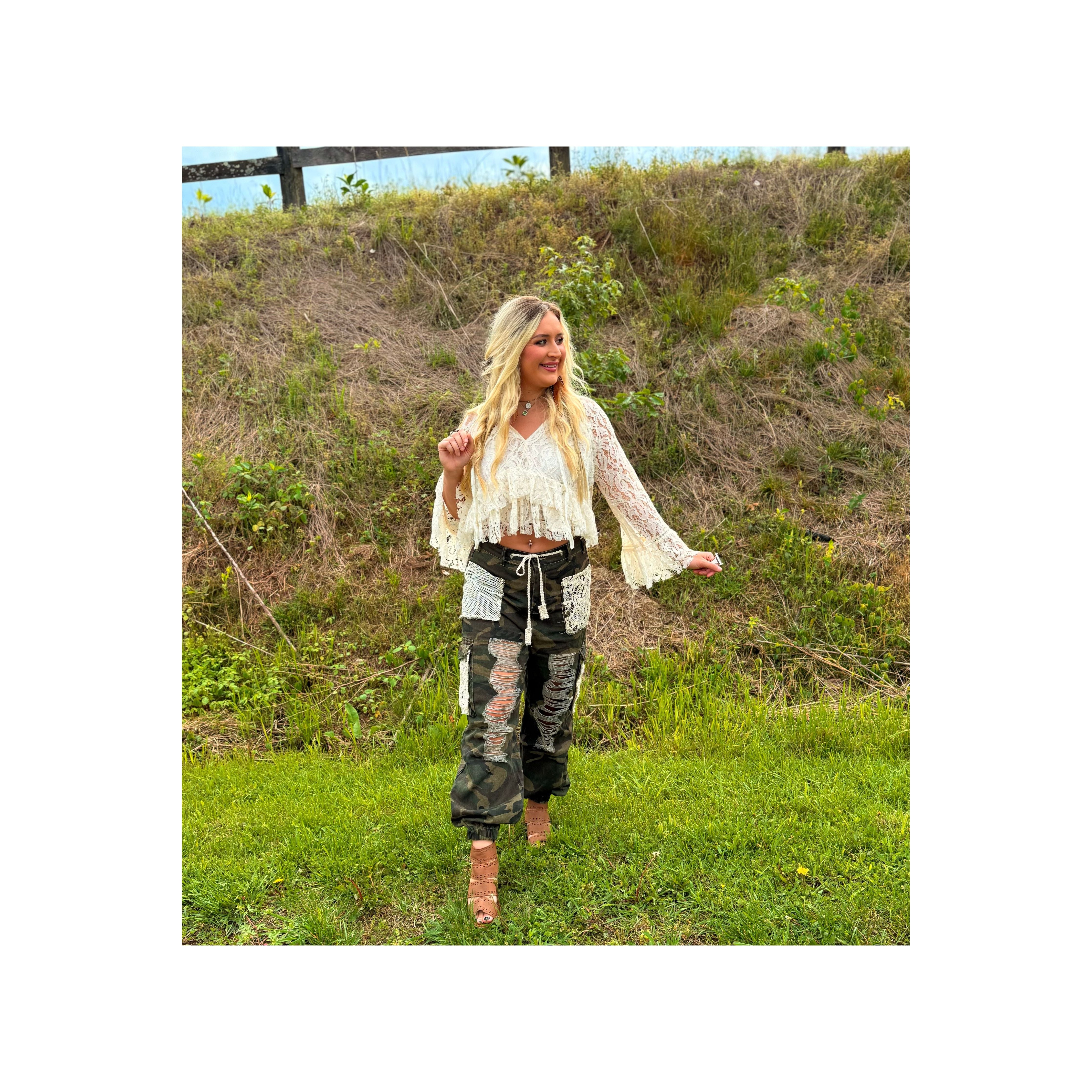 POL: Ripped Camo and Lace Joggers