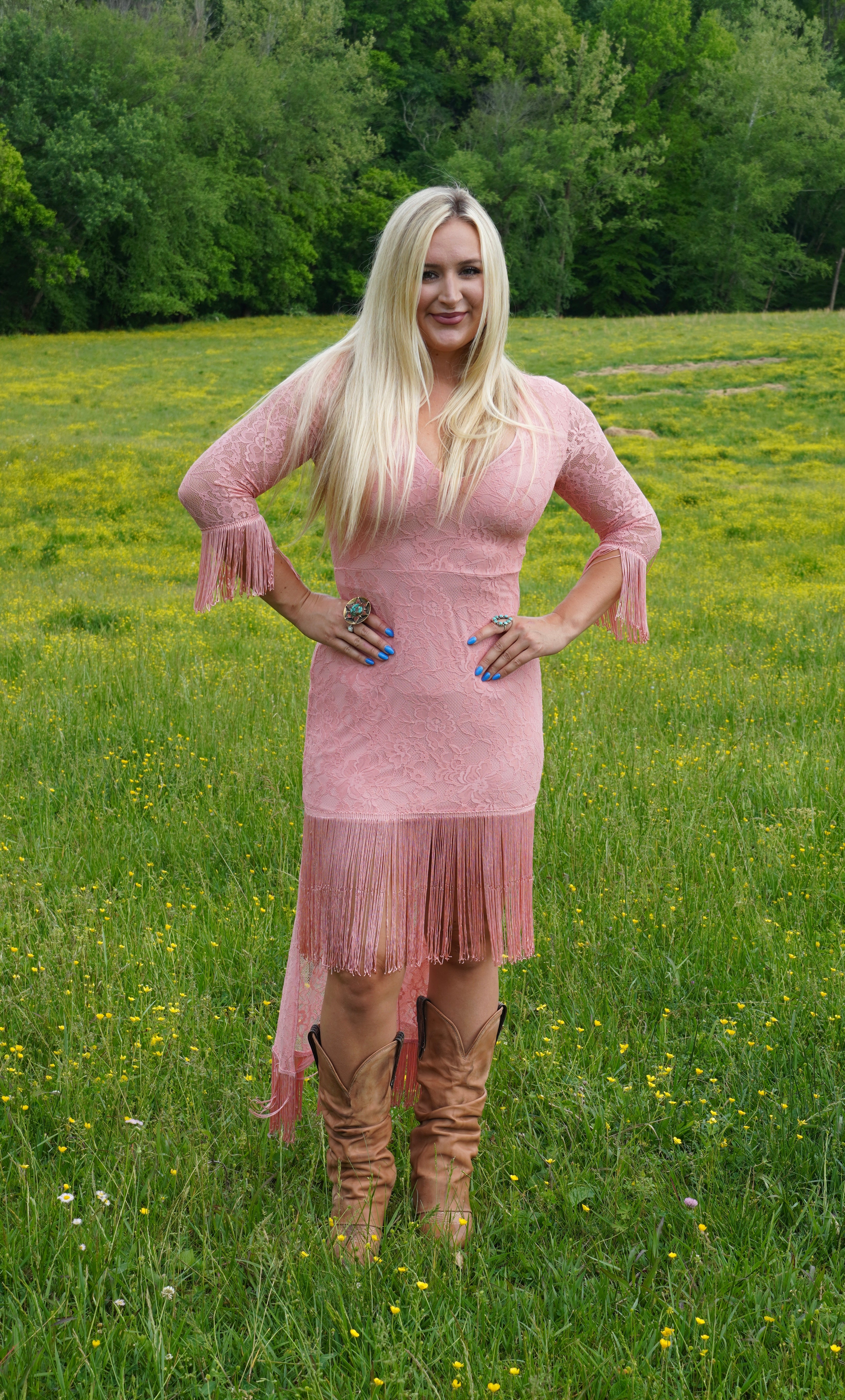 Baby Pink Lace High Low Fringe Dress