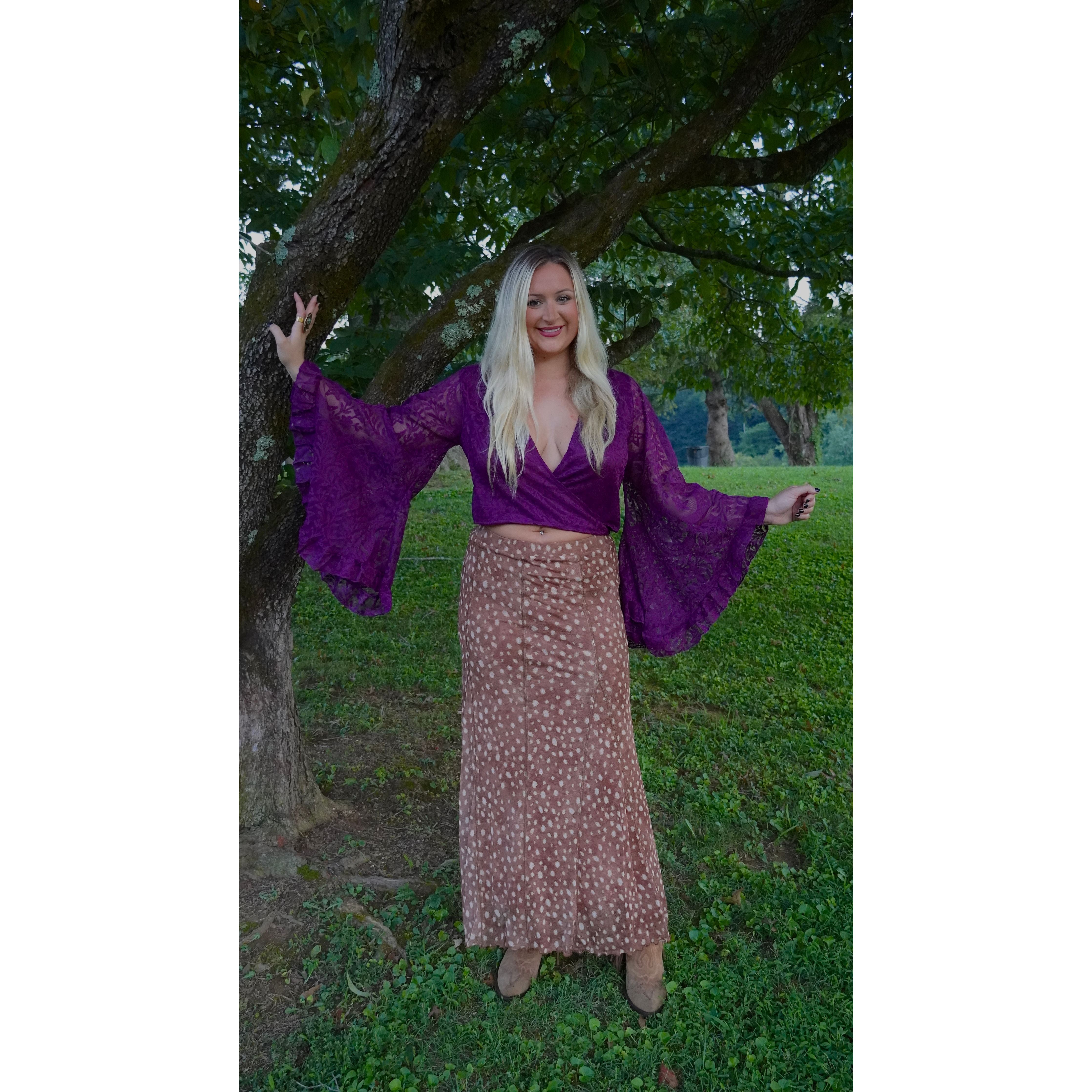 Plum Lace Ruffle Sleeve Wrap Top