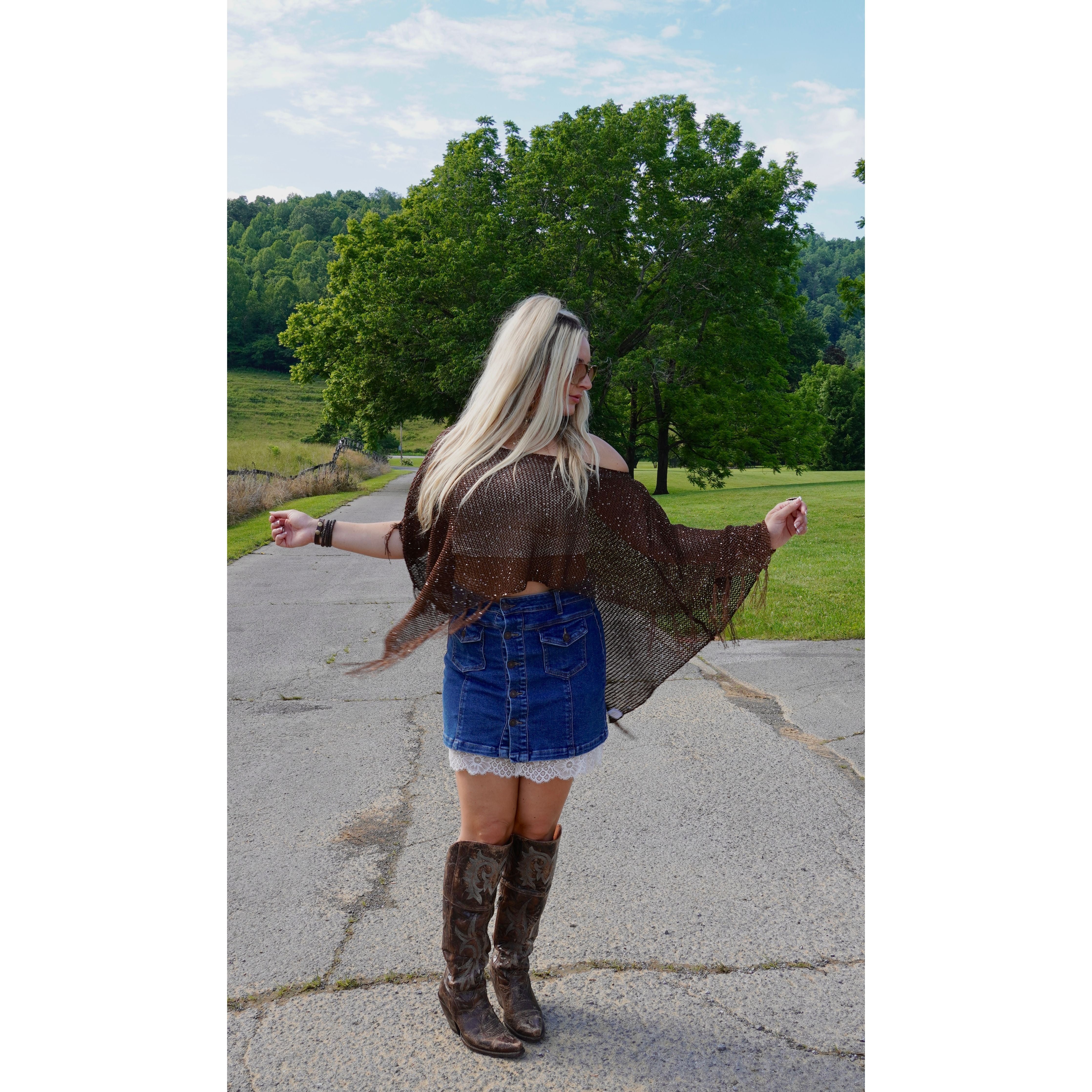 Brown Sequin Tassel Poncho