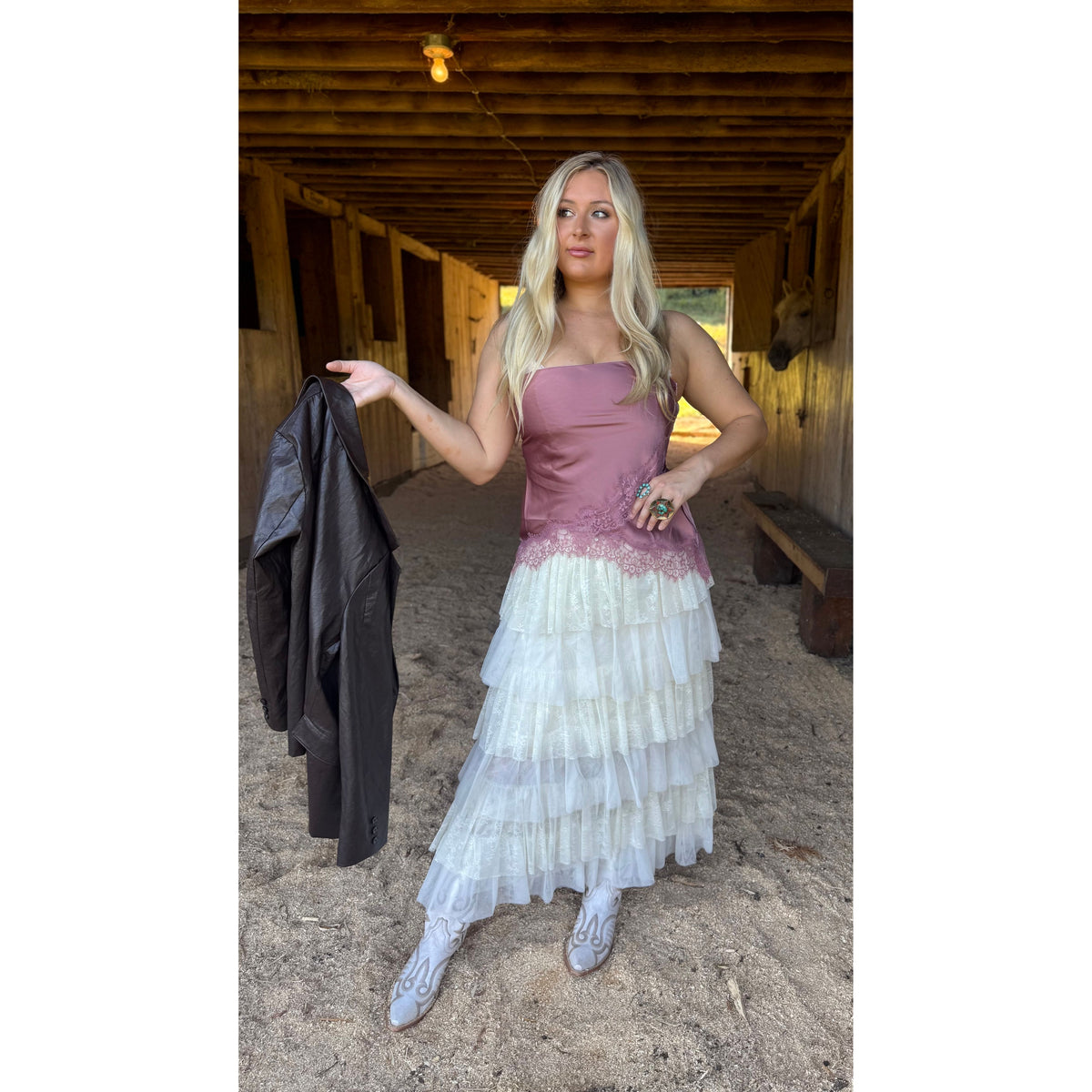 Mauve Pink Asymmetrical lace satin tube top