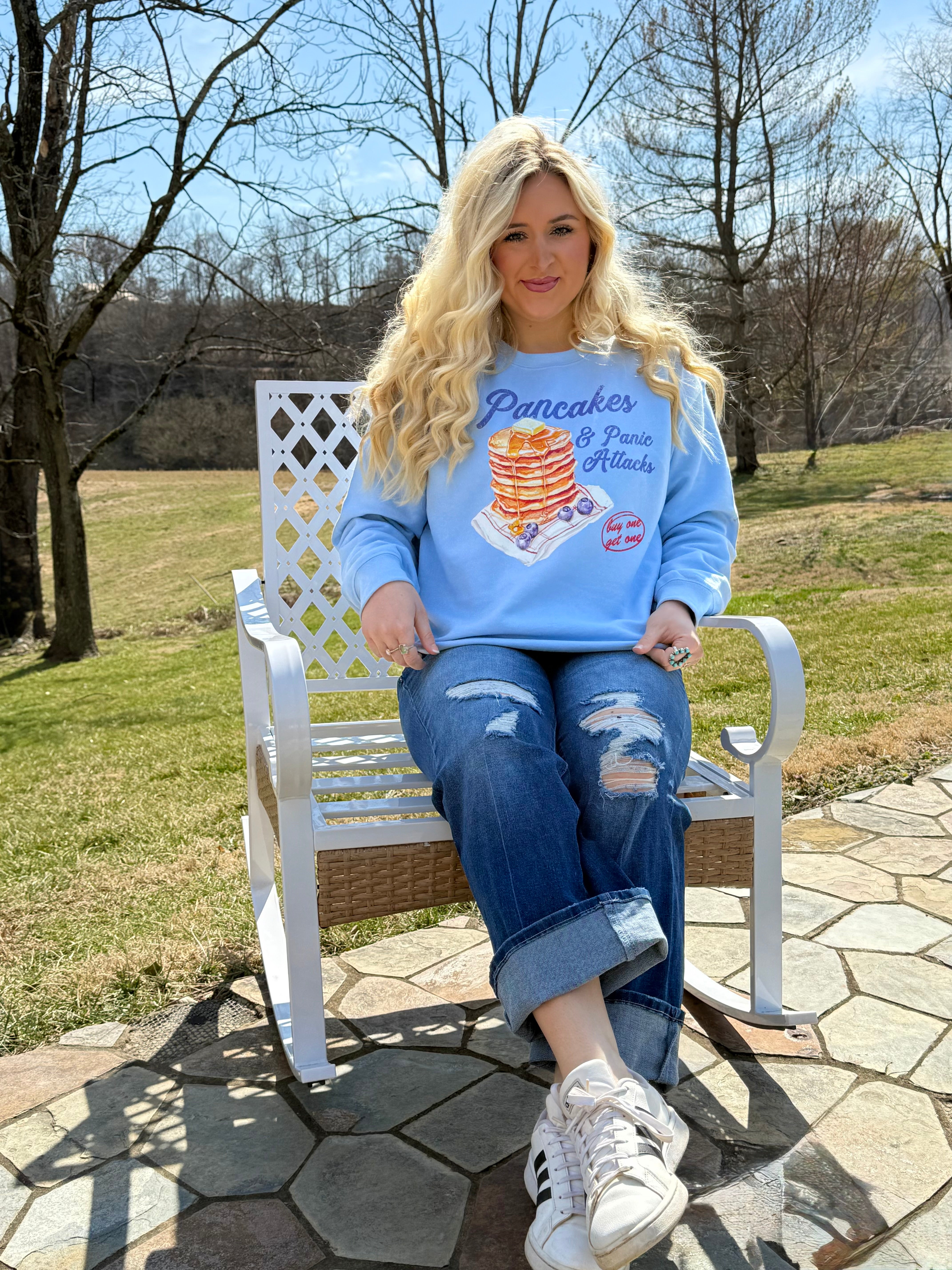 Pancakes & Panic Attacks Baby Blue Crewneck Sweatshirt