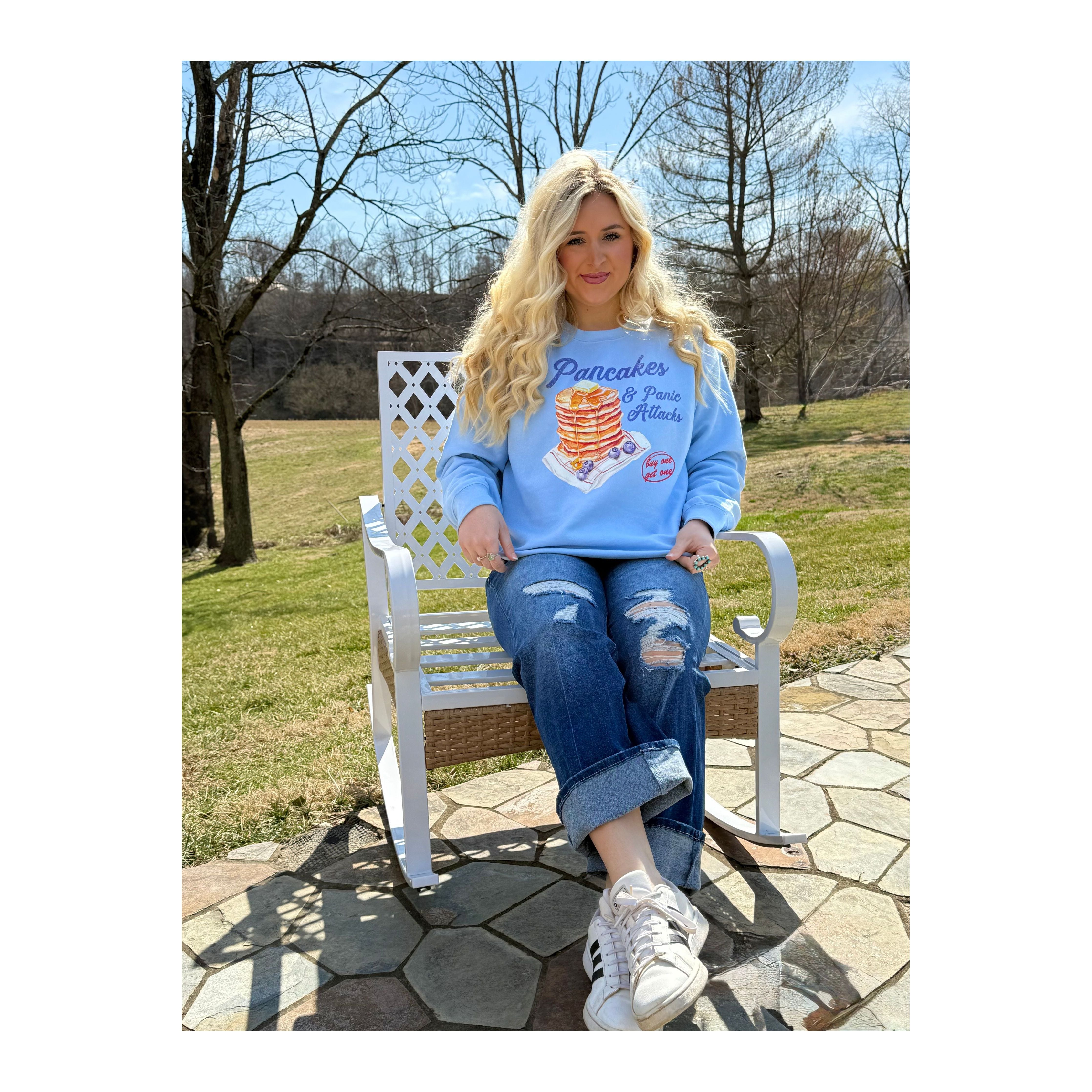 Pancakes & Panic Attacks Baby Blue Crewneck Sweatshirt