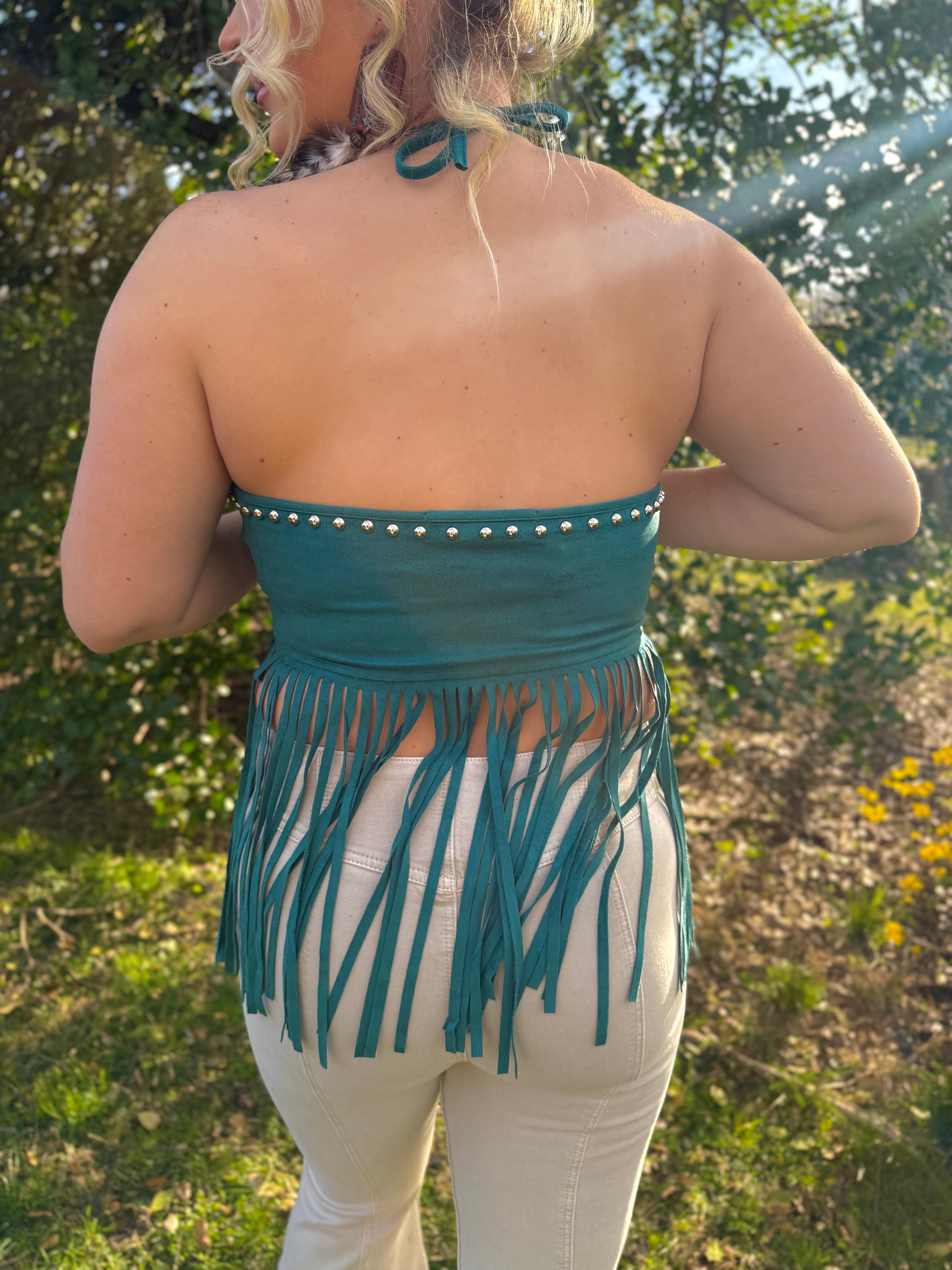 LUCKY & BLESSED Fringe Suede Halter Top