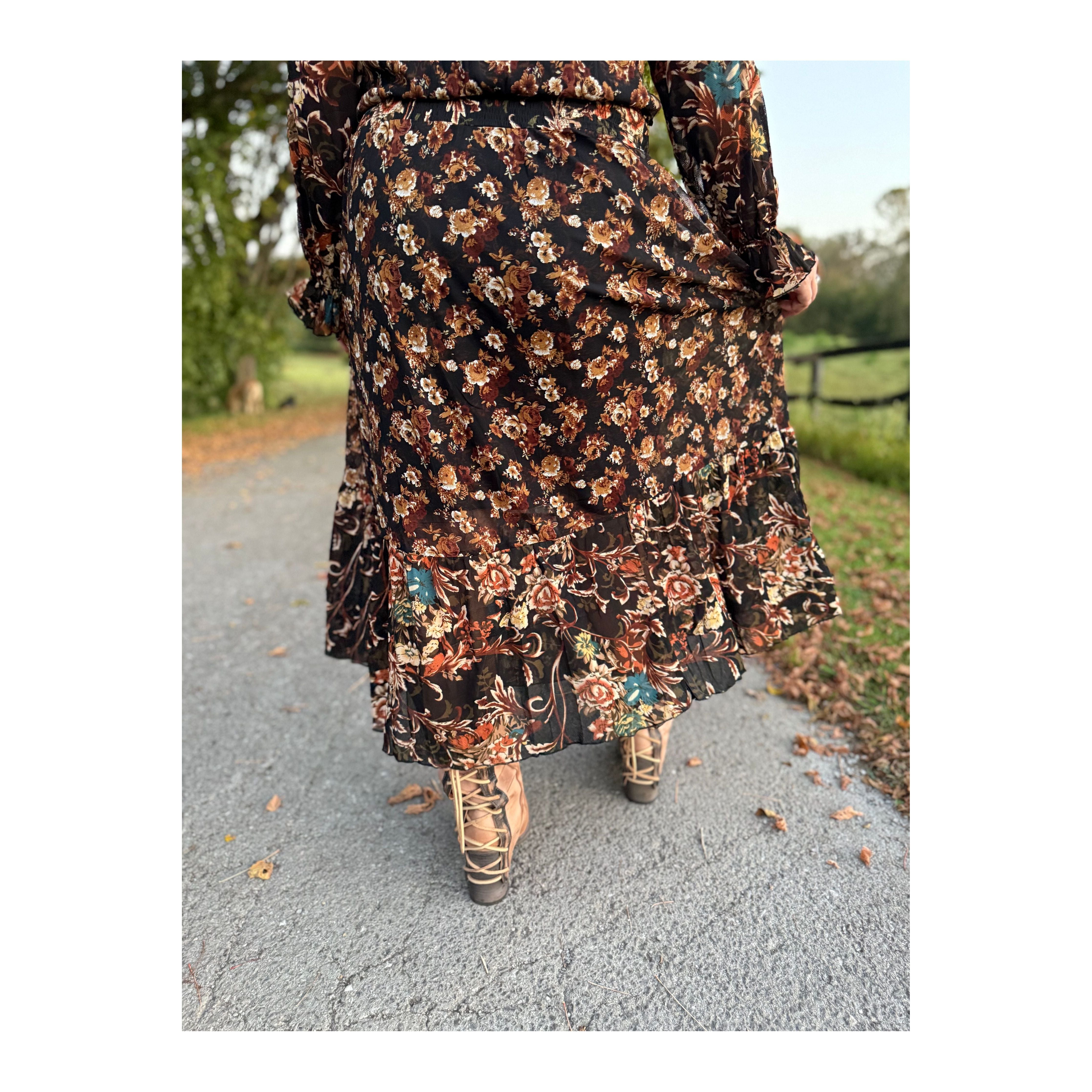 Black Floral Ruffle Maxi Dress
