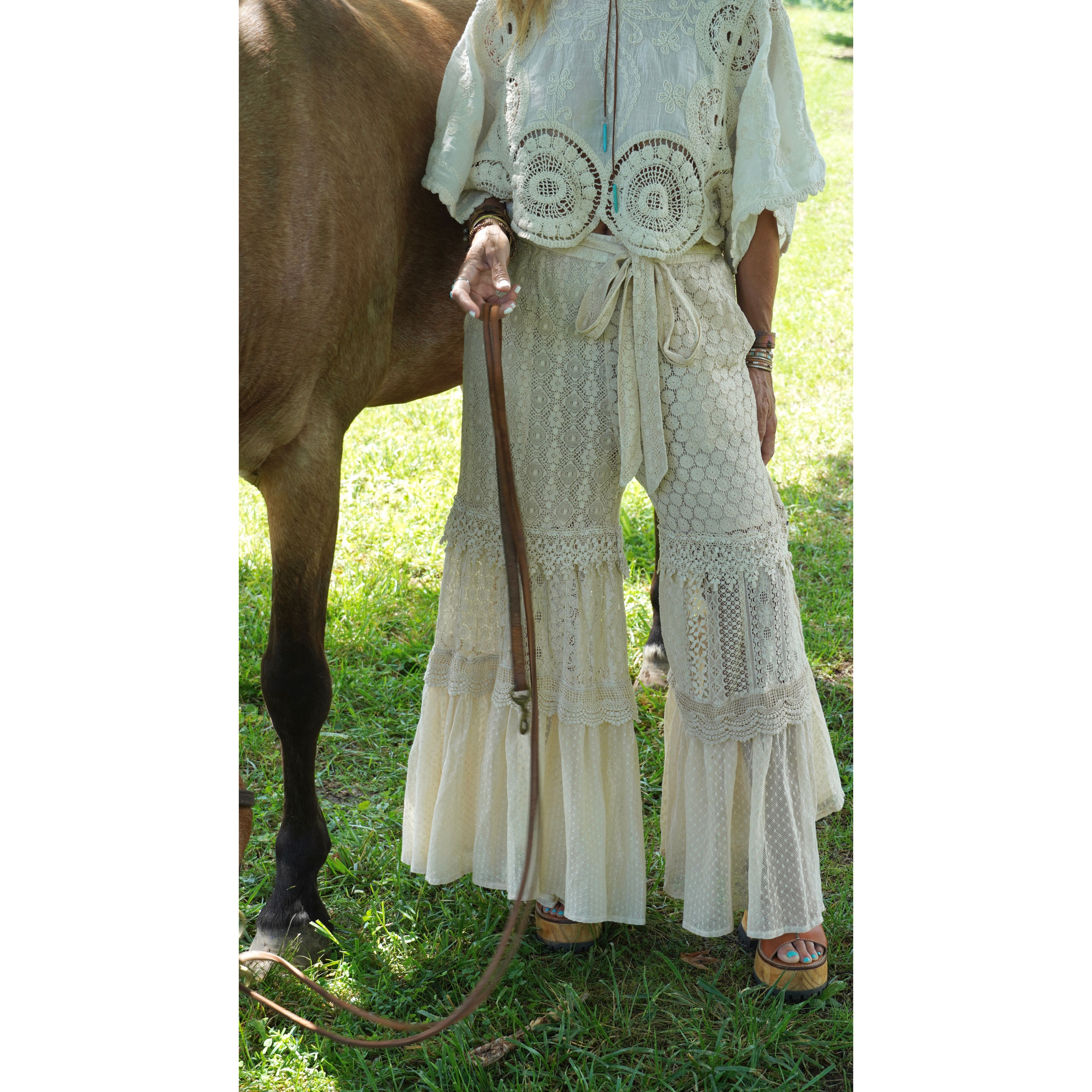 Crochet Lace Tiered Ruffle Flare Pants