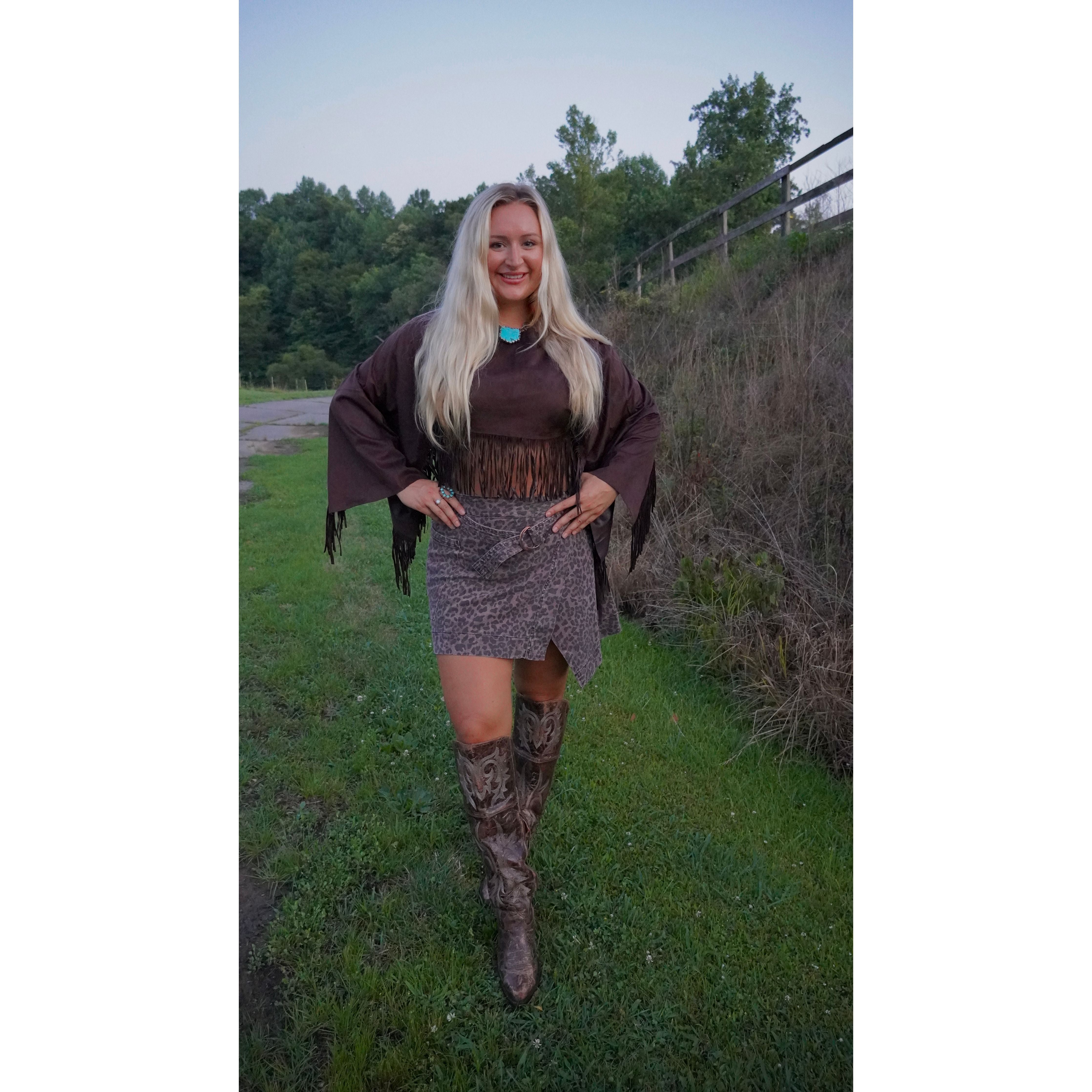 Chocolate Faux Suede Flowy Fringe Poncho