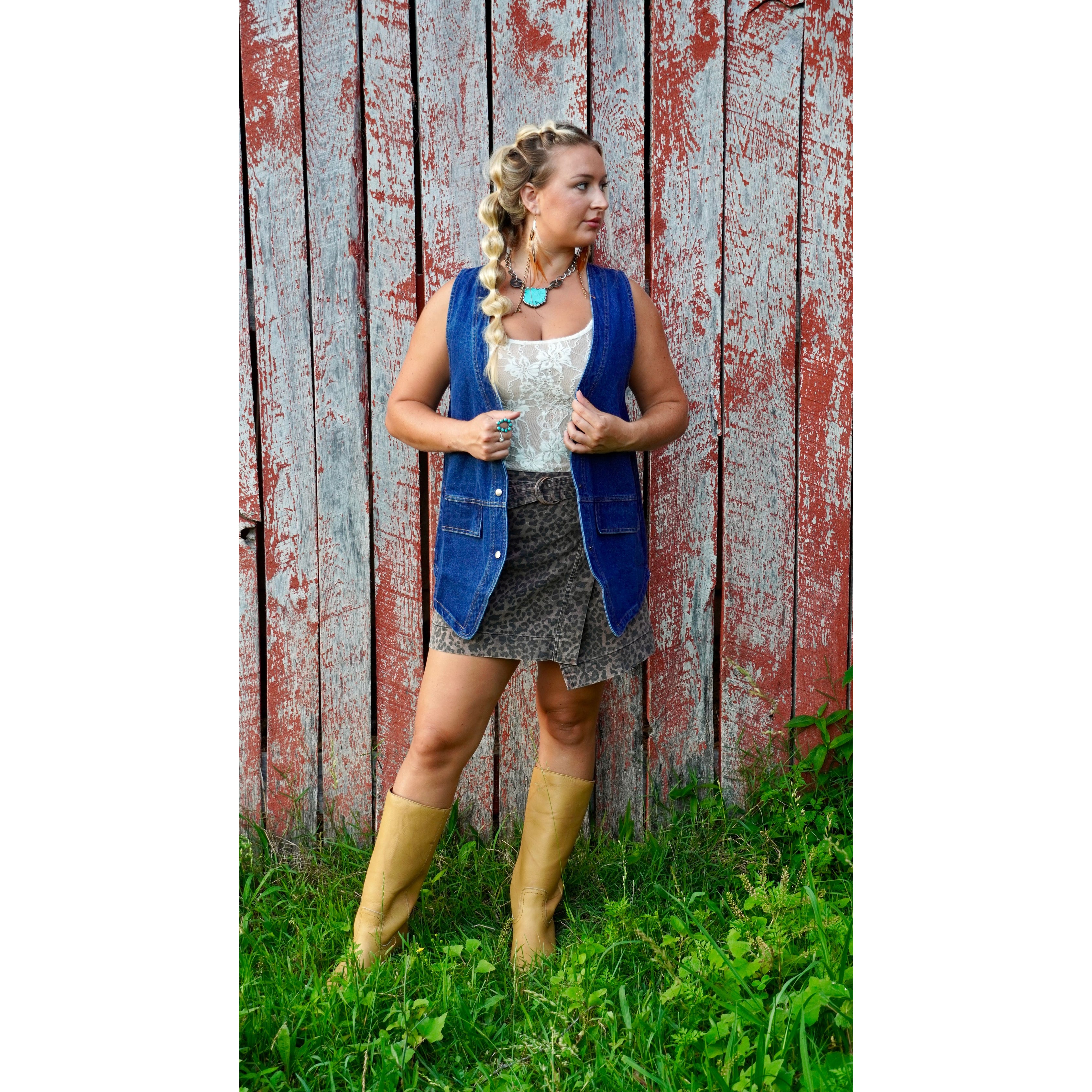 Long Dark Denim Snap-Front Vest