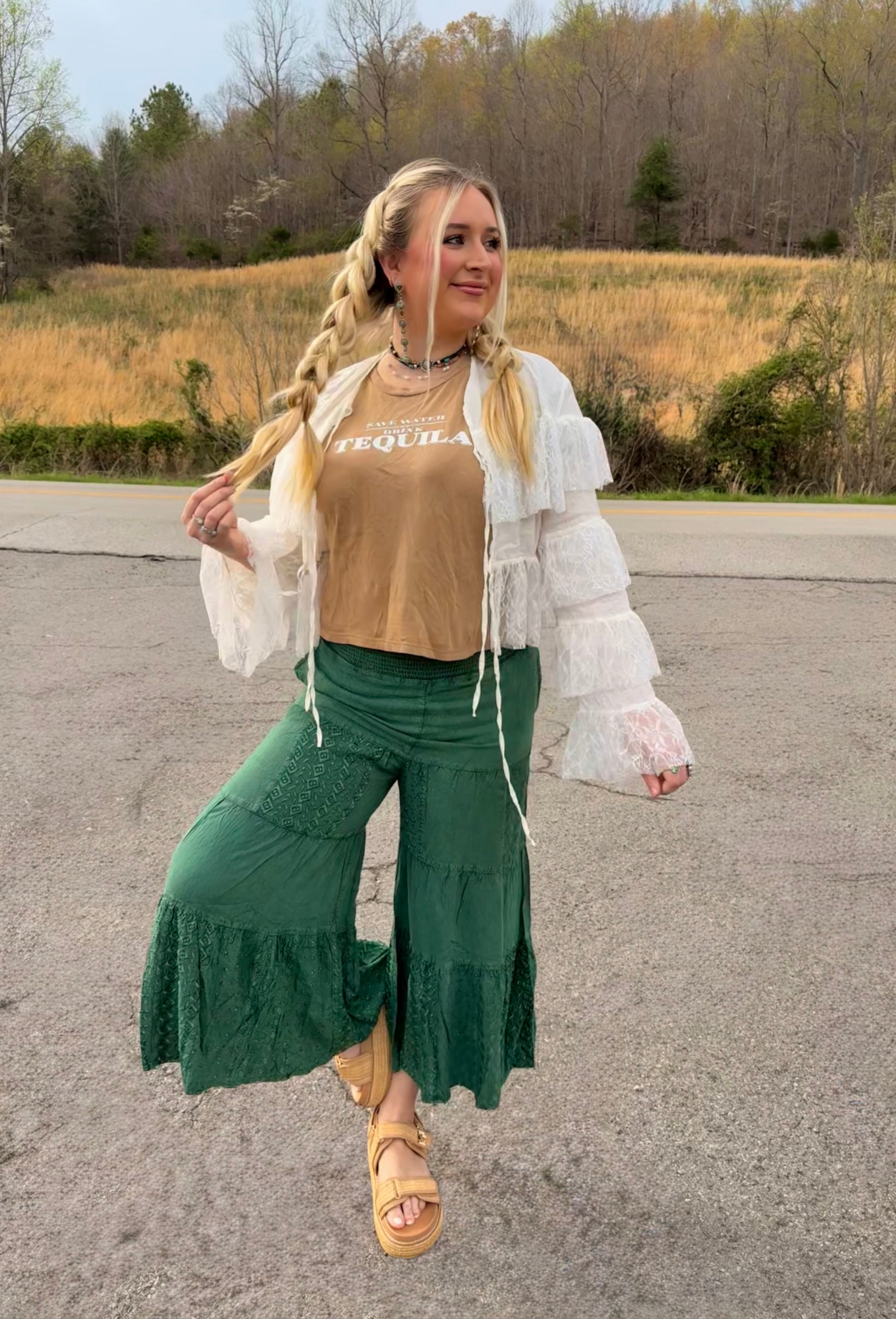 Jasmine Embroidered Tiered Flared Pants