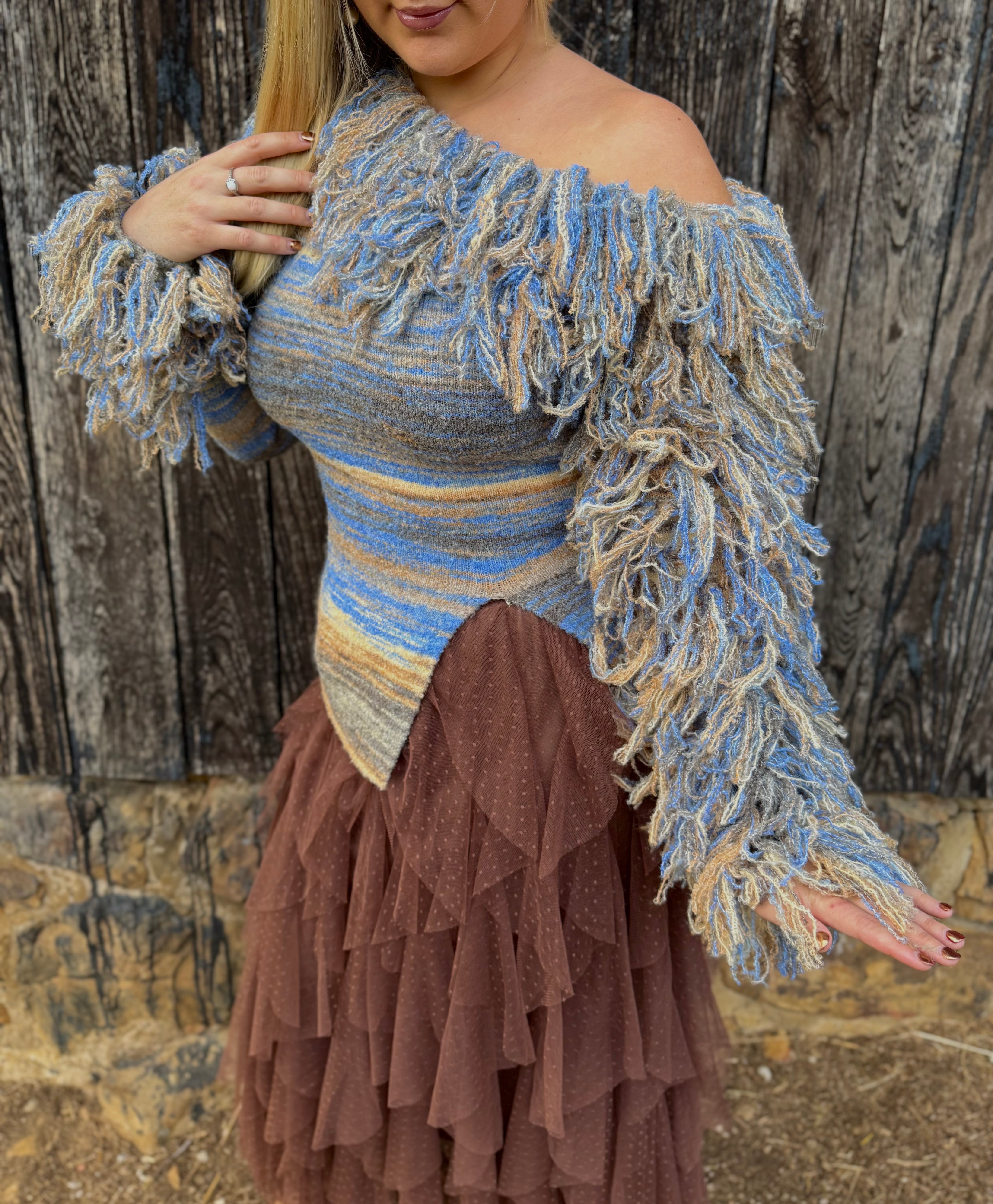 Fringe Horizon Off Shoulder Sweater