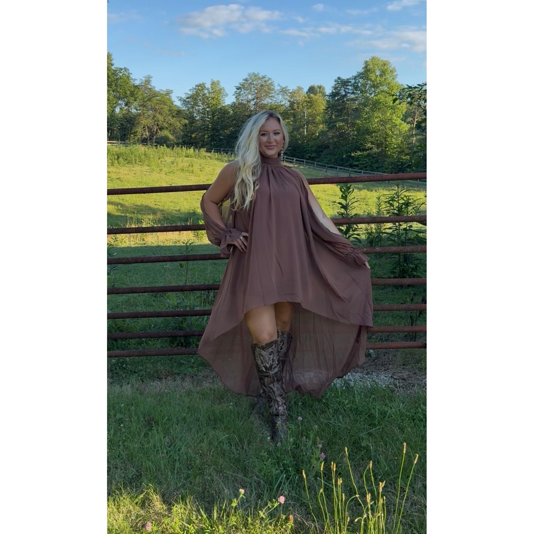 Elegant High Low Flowy Dress In Brown