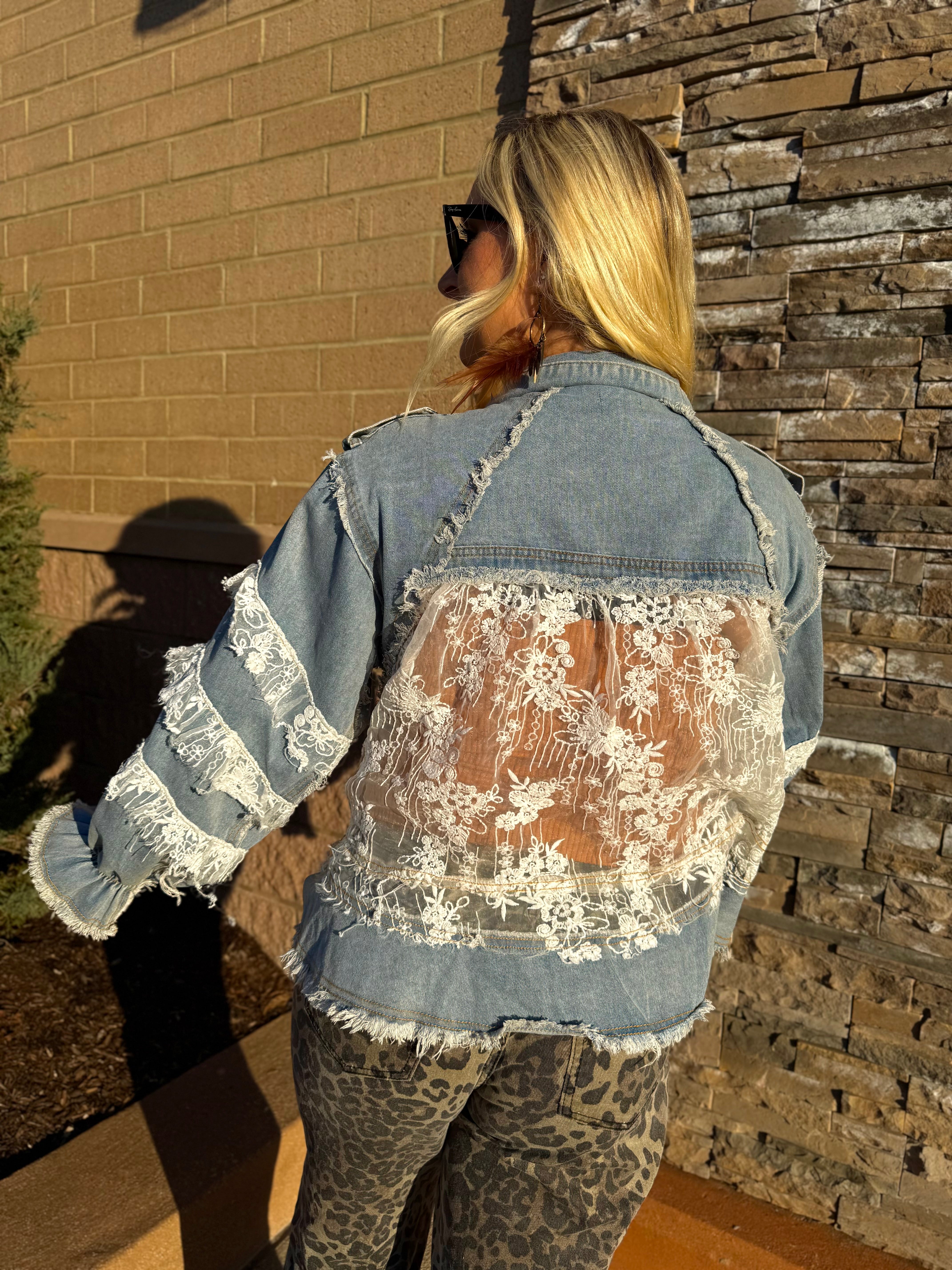 POL: Lainey Lace Trim Ruffle Denim Jacket