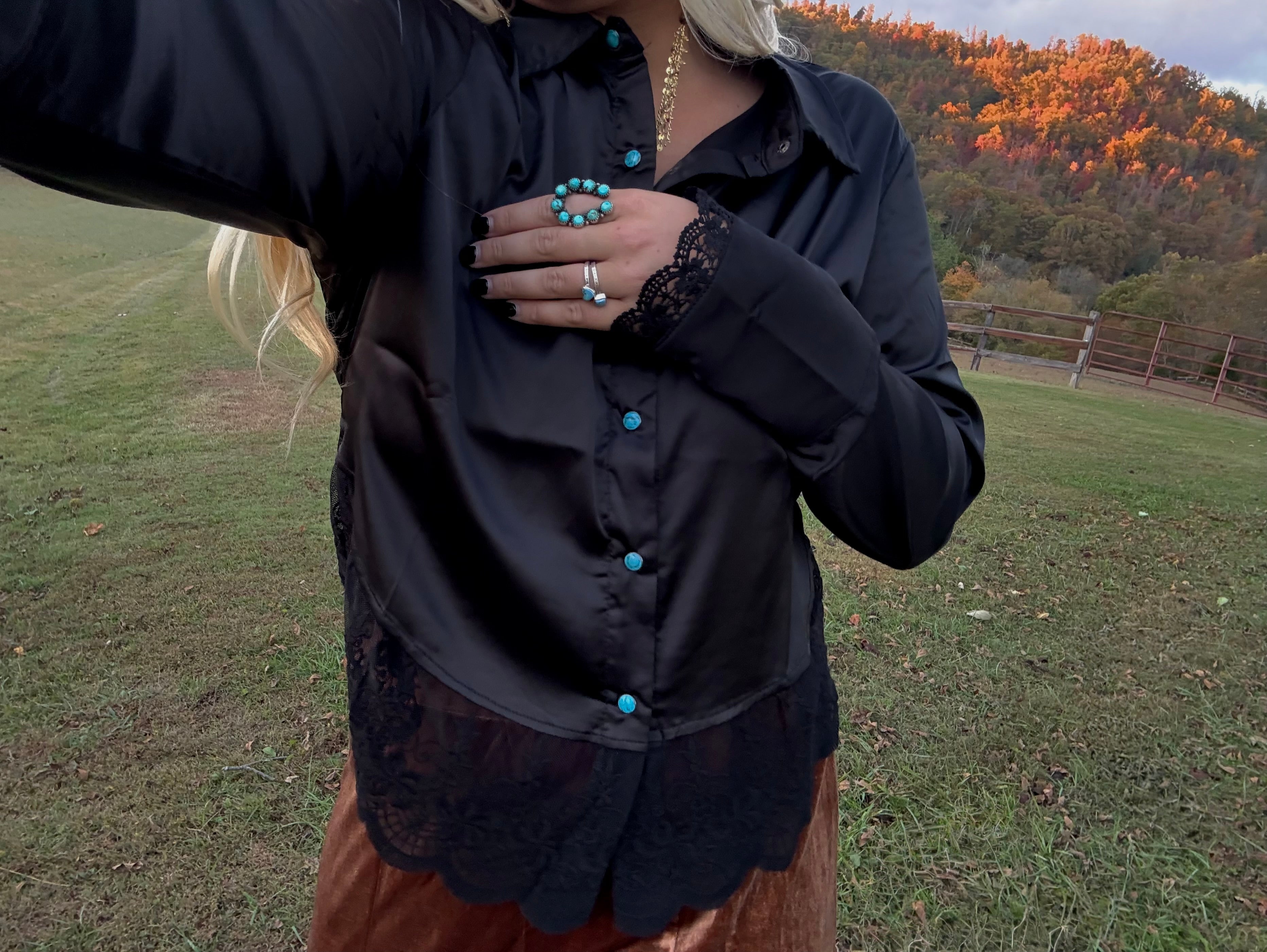 Black Silk Lace Western Top With Turquoise Buttons