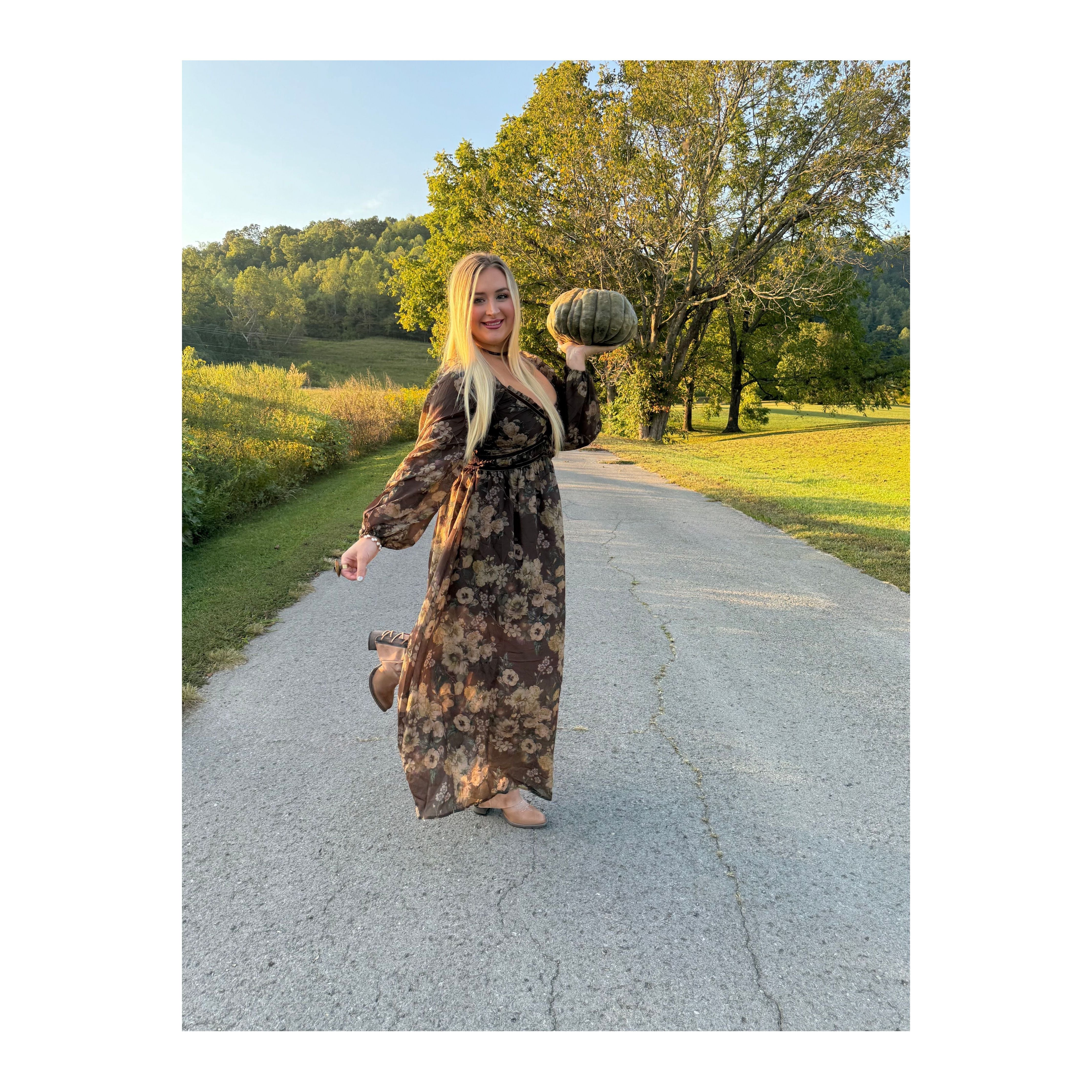 Floral Print Velvet Trimmed Maxi Dress with Slit