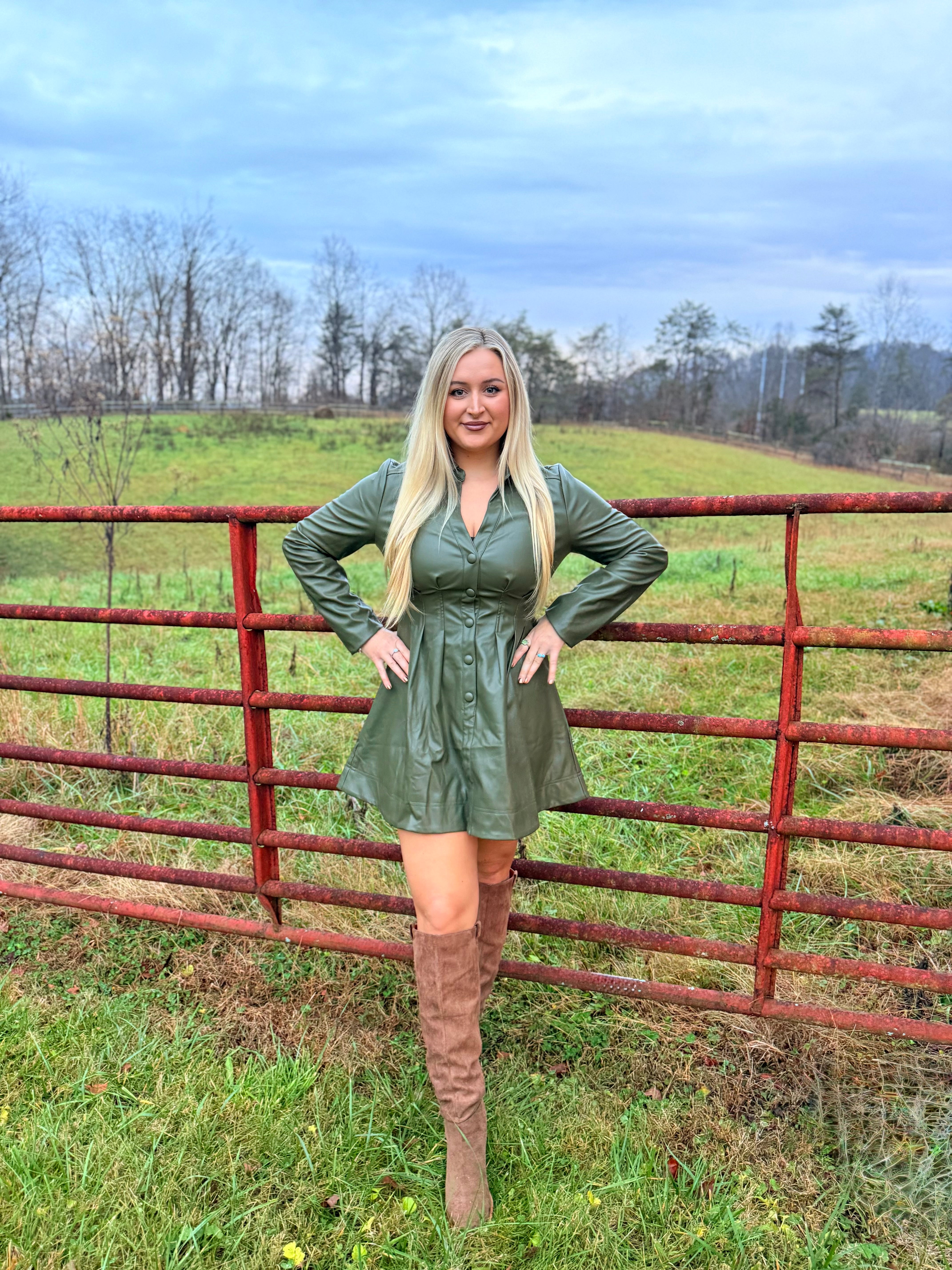 Olive Green Leather Flare Dress